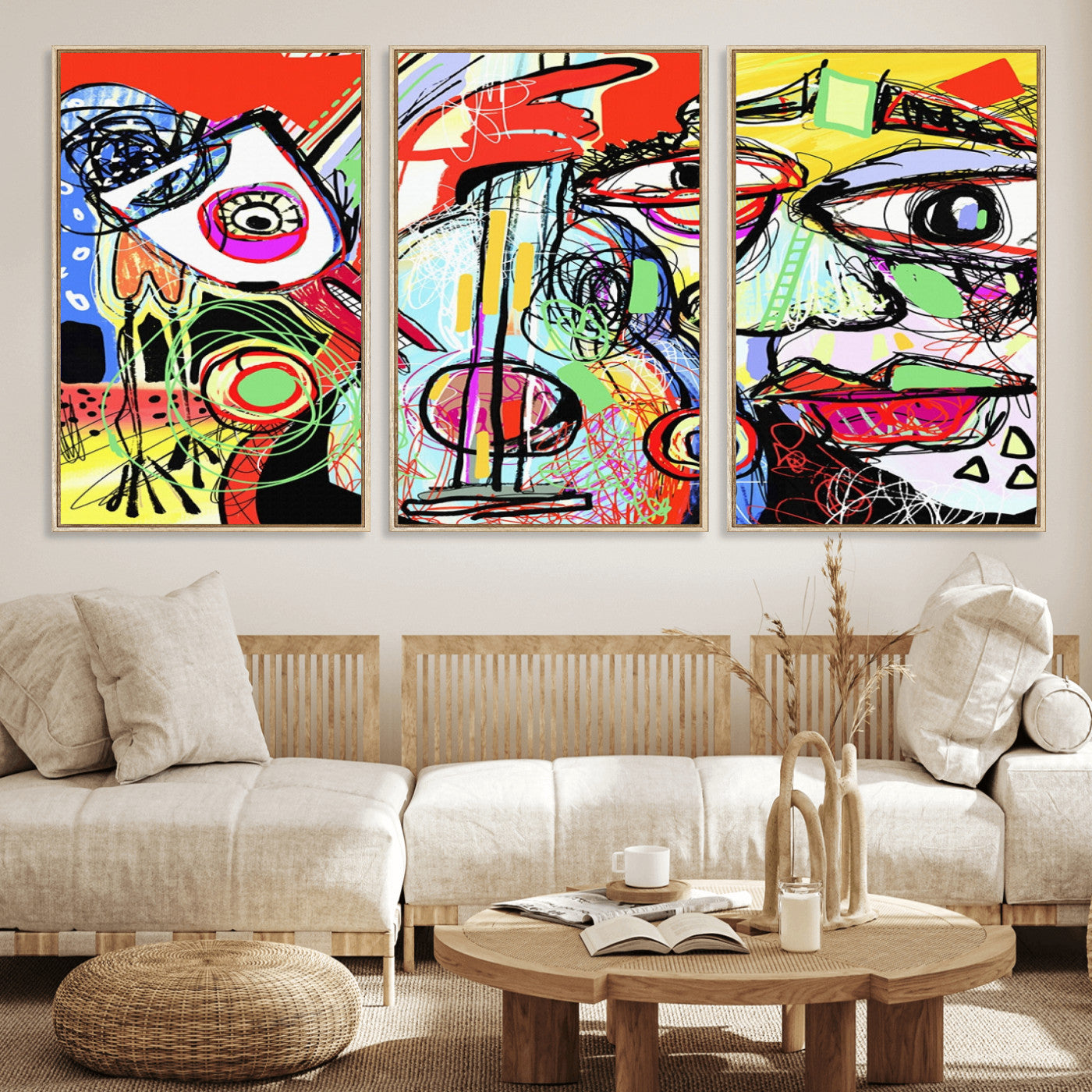 37796-MGV-FC-60X30-3P_Natural-Picasso Style Art Abstract Canvas Wall Art Print , Colorful Abstract Artwork