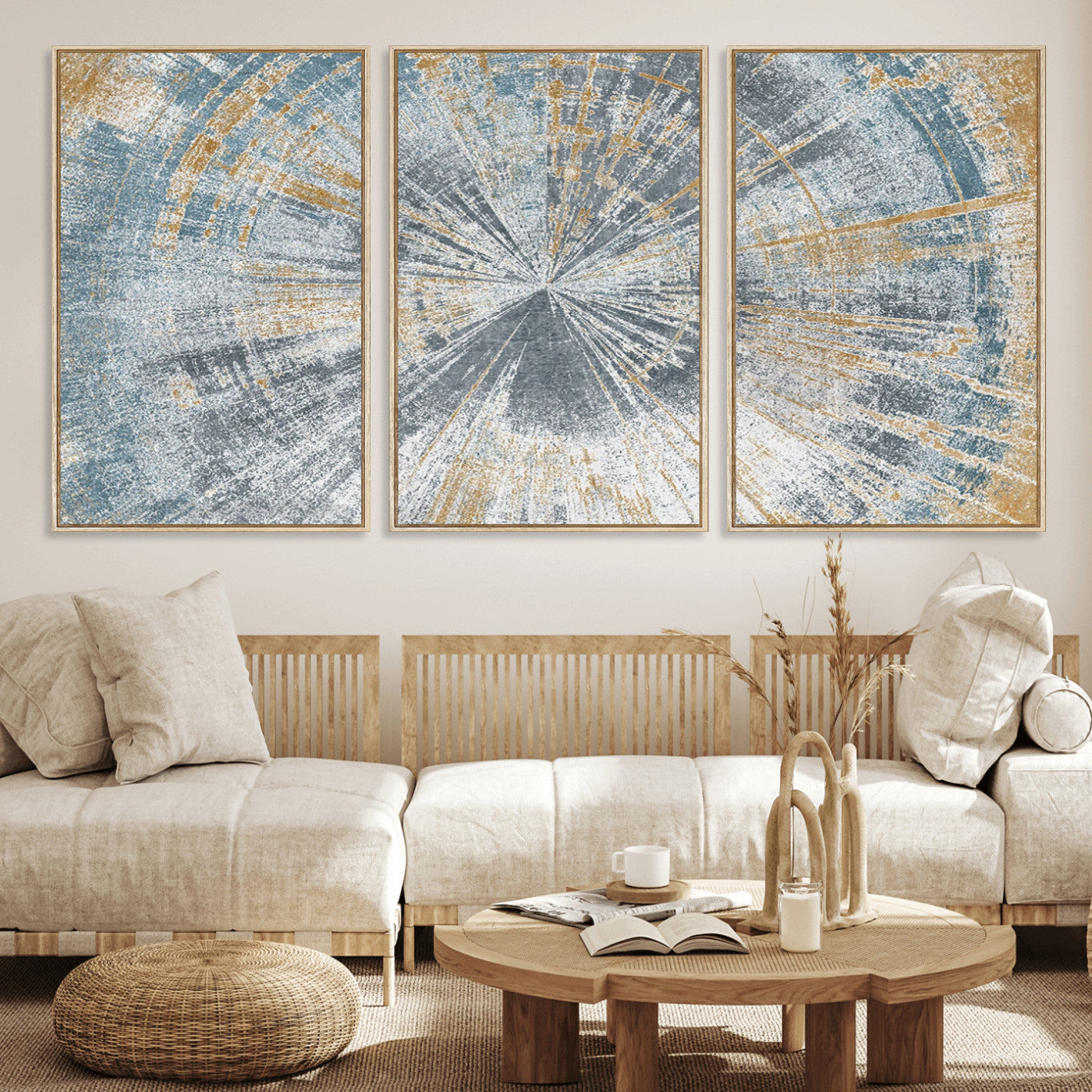 17631-MGV-FC-60X30-3P_Natural-Radiant Abstract Wood Rings Canvas Art – Modern Triptych Wall Decor for Living Room or Farmhouse