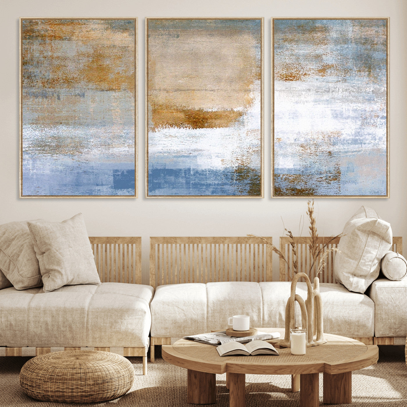 72354-MGV-FC-60X30-3P_Natural-Blue Multi Panel Abstract Wall Art Canvas, Abstract Blue and Gold Canvas Print