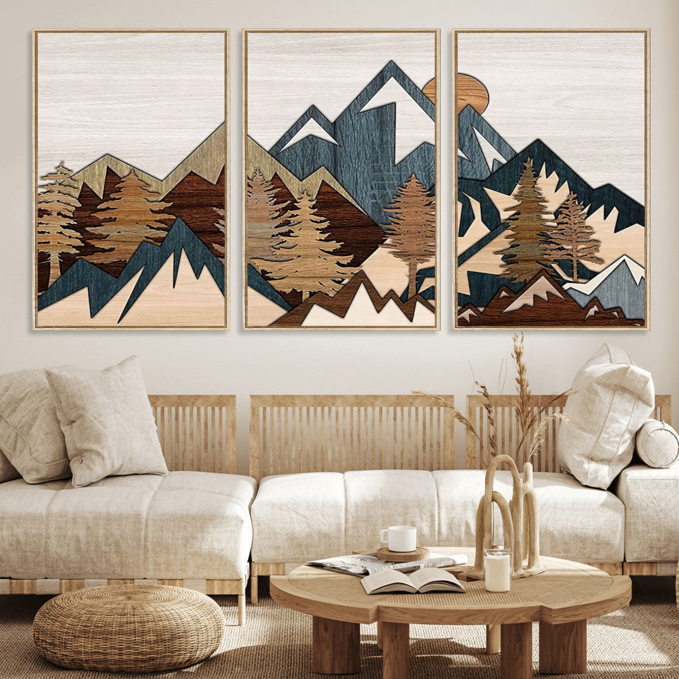 67950-MGV-FC-60X30-3P_Natural-Rustic Abstract Wood Panel Effect Canvas Mountain Range Top Wood Wall Art Canvas Print