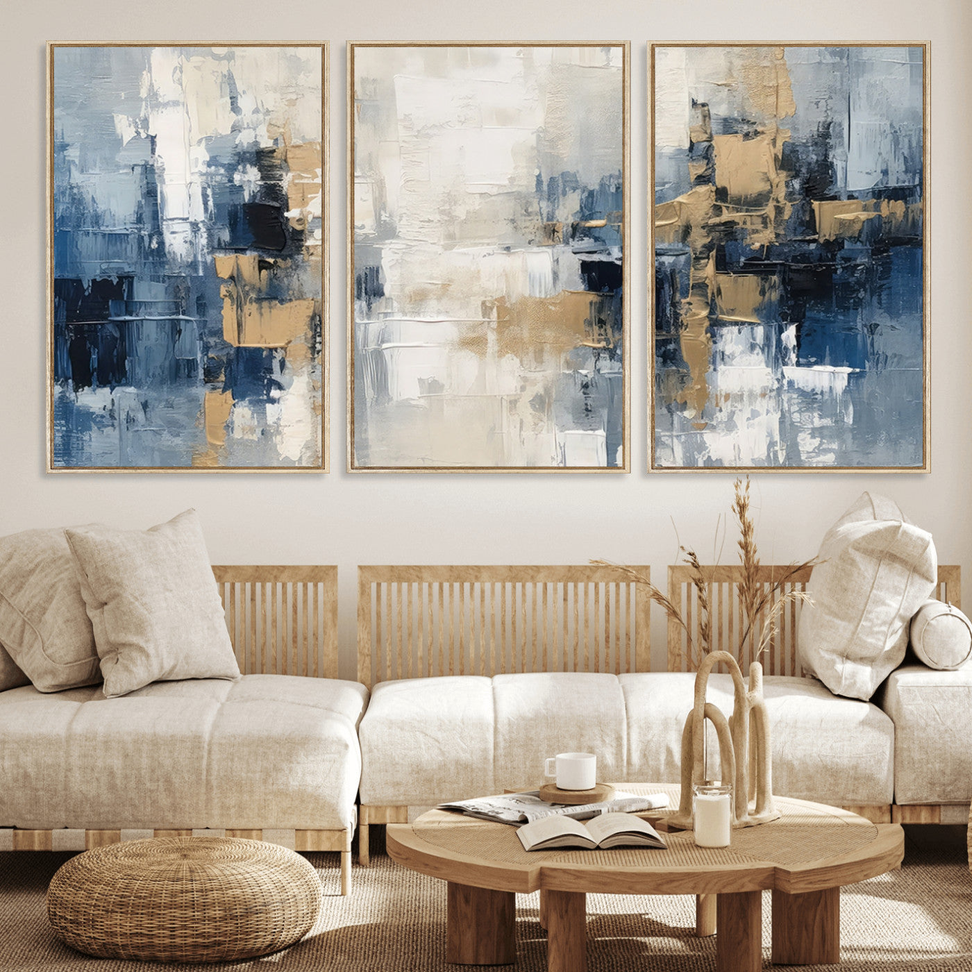 44344-MGV-FC-60X30-3P_Natural-Modern Abstract Canvas Wall Art in Blue and Gold Tones | Large Contemporary Art for Living Room,