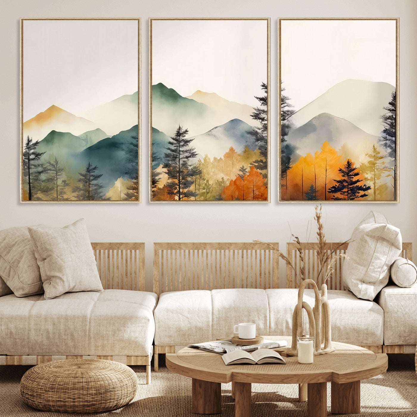 25689-MGV-FC-60X30-3P_Natural-Abstract Watercolor Mountains and Trees Autumn Wall Art, Mountains and Trees Autumn Wall Art Canvas