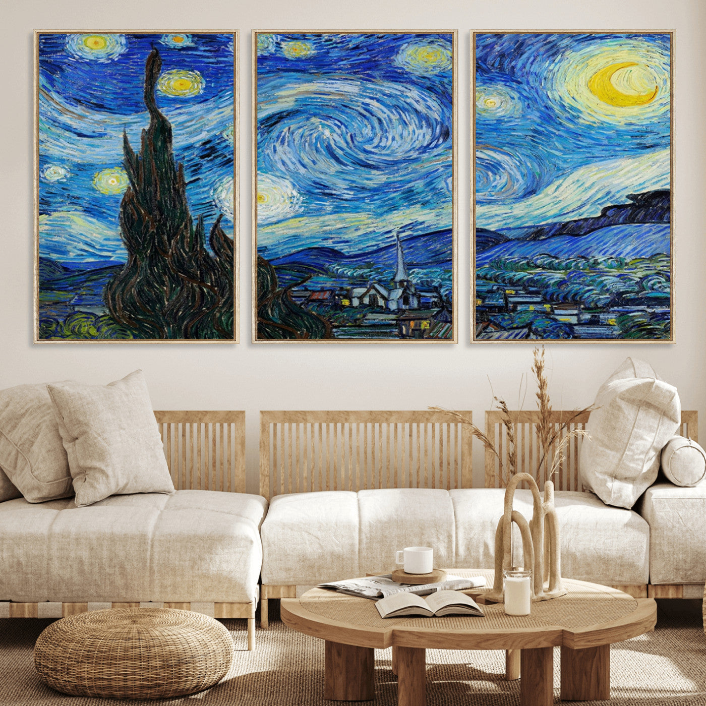 39177-MGV-FC-60X30-3P_Natural-Vincent Van Gogh The Starry Night Abstract Wall Art Canvas Print
