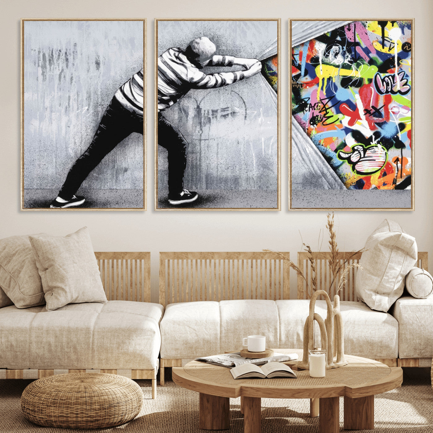 52252-MGV-FC-60X30-3P_Natural-Banksy Art Behind the Curtain Street Wall Art Canvas Print | 3-Panel Urban Graffiti-Inspired Wall
