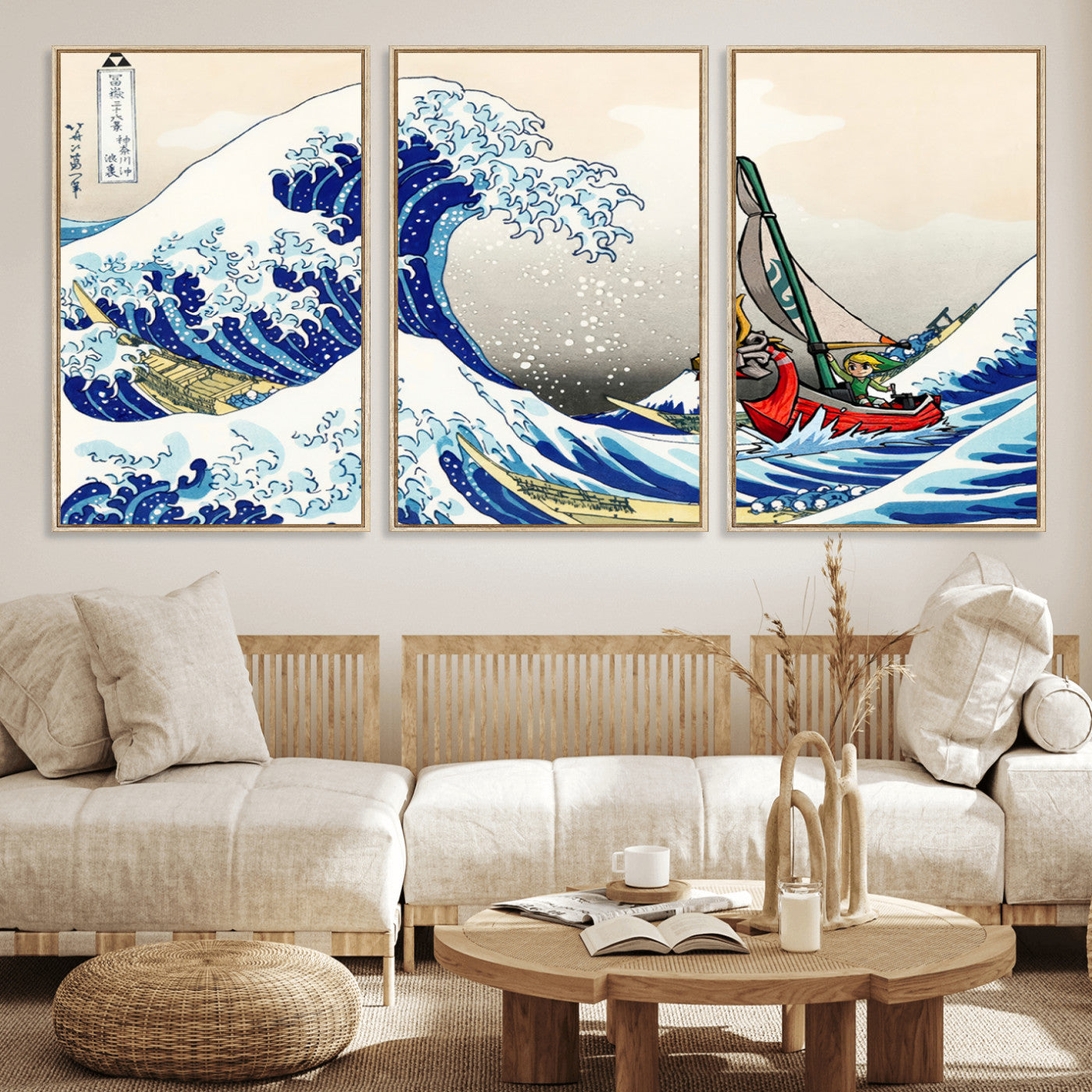 19450-MGV-FC-60X30-3P_Natural-Katsushika Hokusai Kanagawa Giant Wave Wall Art Canvas Print | Iconic Japanese Art for Living Room