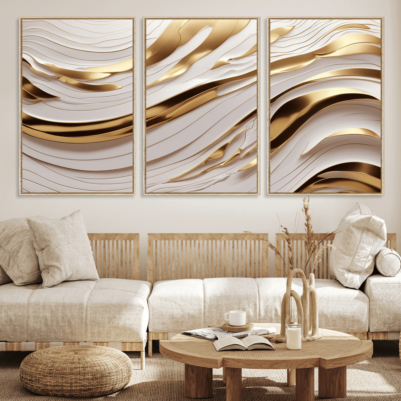 81197-MGV-FC-60X30-3P_Natural-Gold and White Abstract Wave Canvas – Elegant Flowing Design with Luxurious Golden Accents –