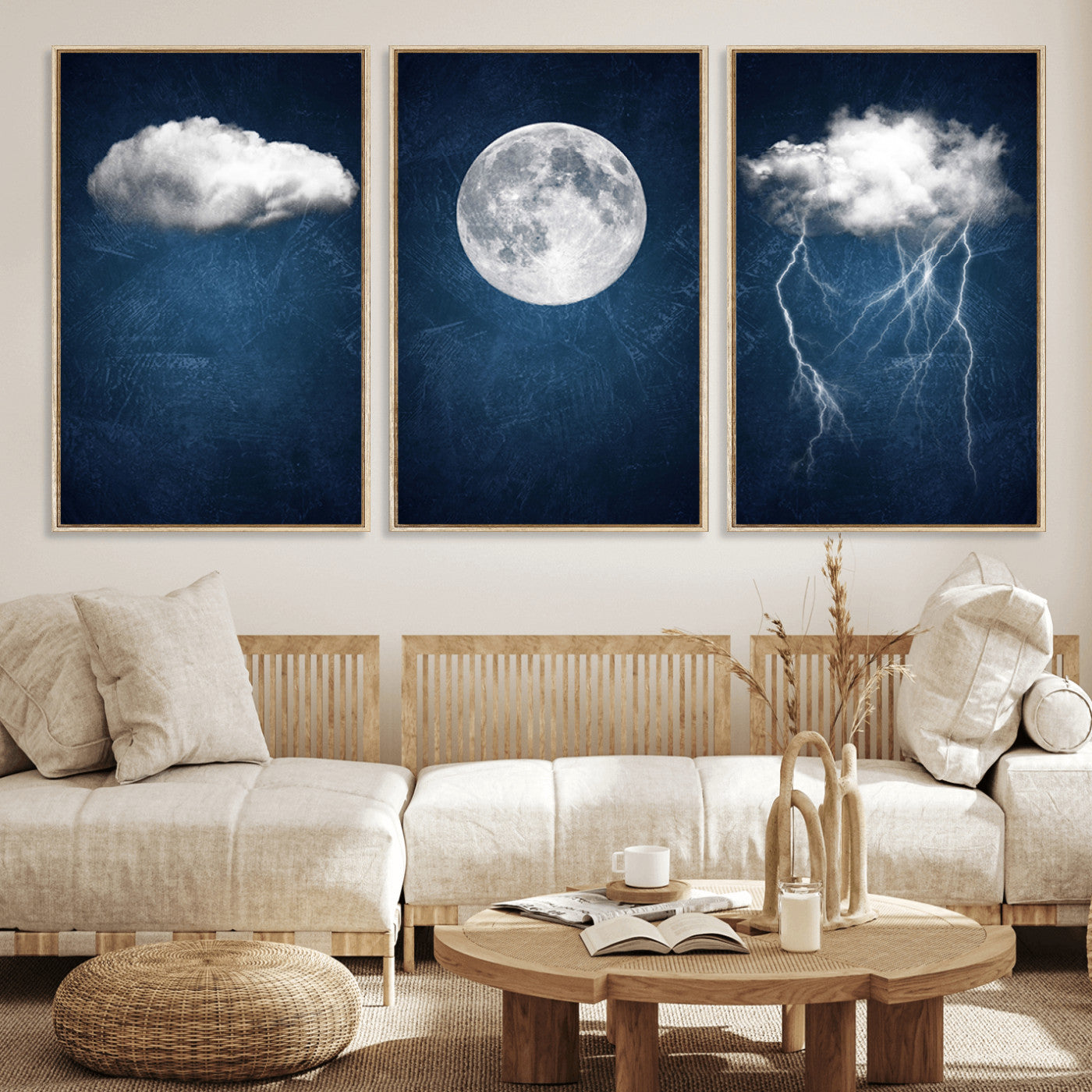 96569-MGV-FC-60X30-3P_Natural-Dark Blue Cloud Art, 3 Piece Indigo Blue Wall Art, Aesthetic Surreal Art, Thunderstorm Moon Cloud