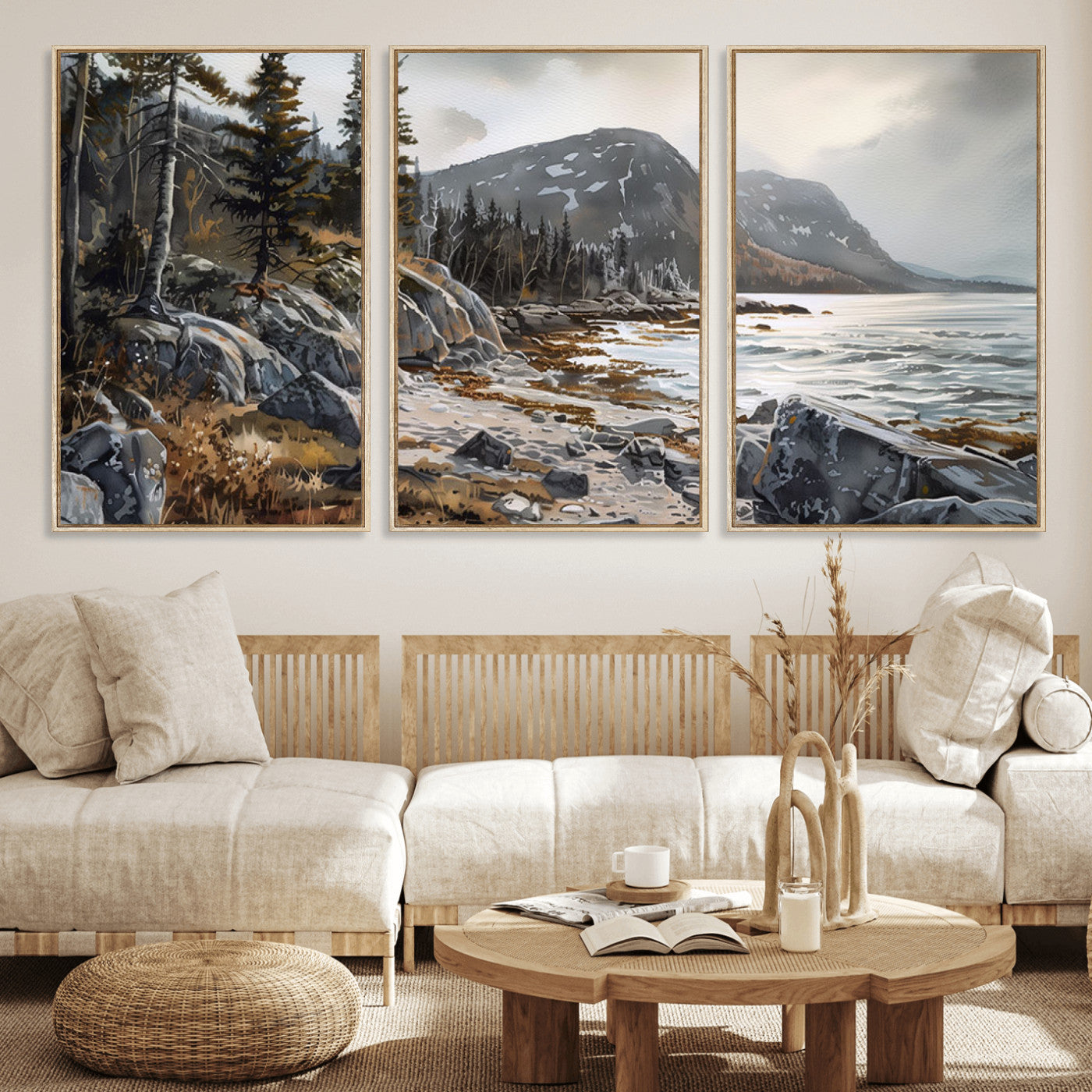 41281-MGV-FC-60X30-3P_Natural-Serene Coastal View of Acadia National Park - Stunning 3-Panel Wall Art Canvas Print, Framed, Ready