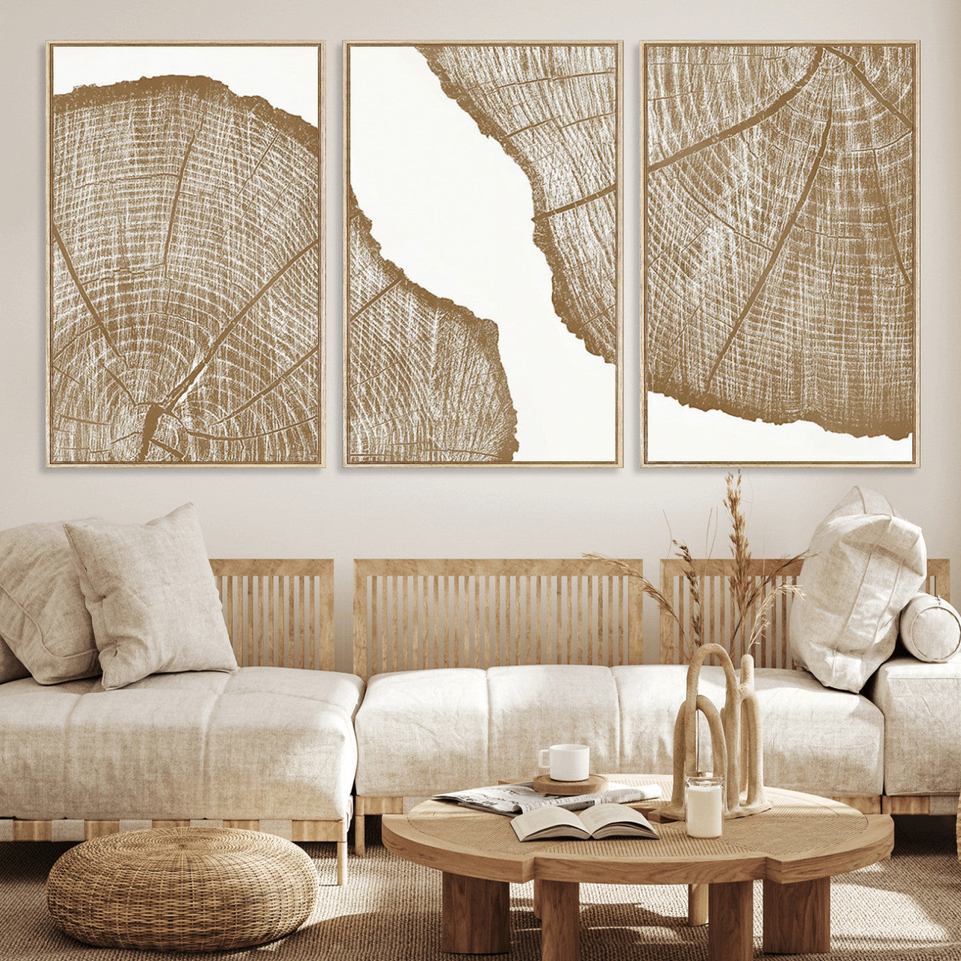 99692-MGV-FC-60X30-3P_Natural-Rustic Brown Tree Ring Wall Art Canvas Print – Framed and Ready to Hang – Elegant Nature-Inspired