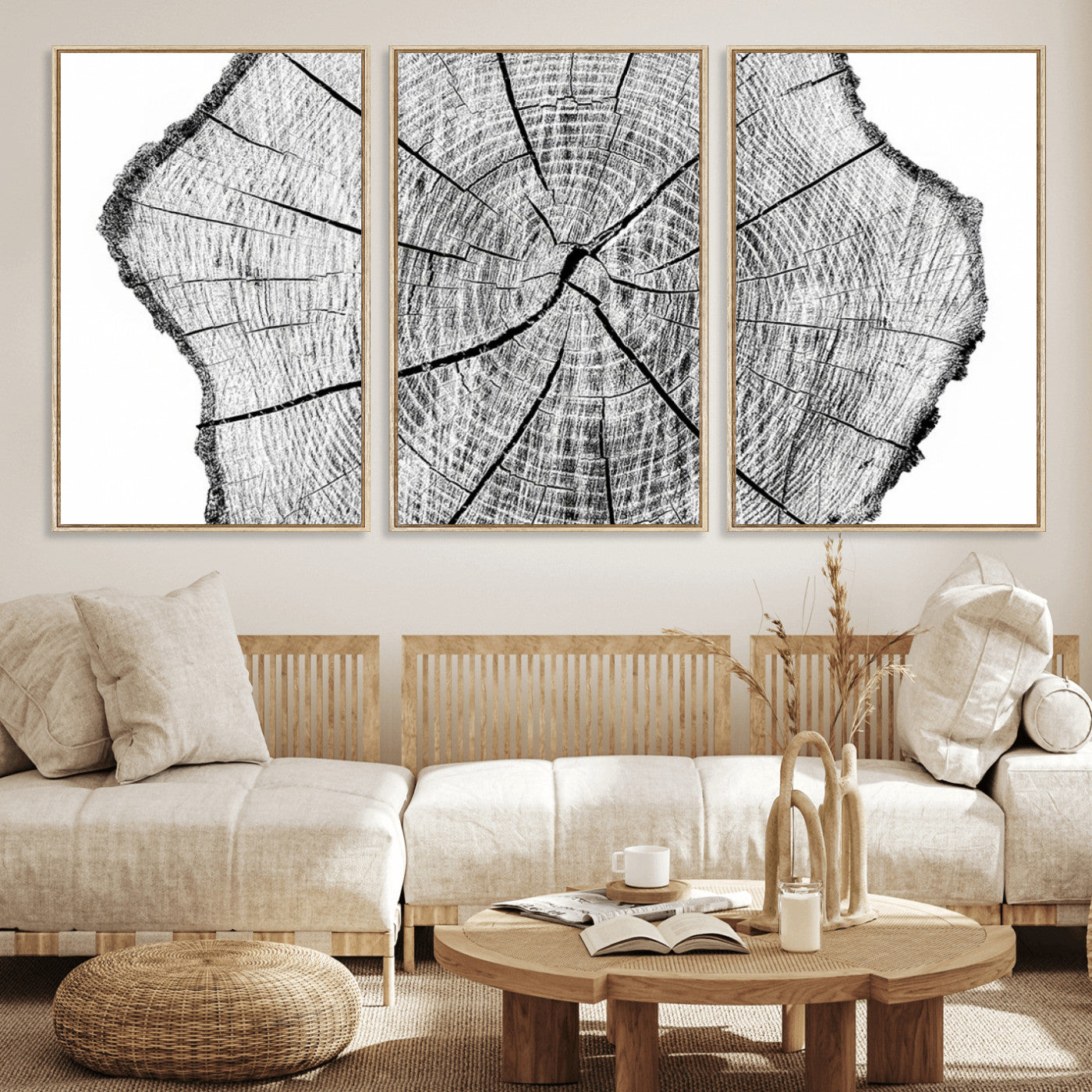 98709-MGV-FC-60X30-3P_Natural-Rustic Tree Ring Wall Art Canvas Print – Framed and Ready to Hang – Perfect for Nature-Inspired and