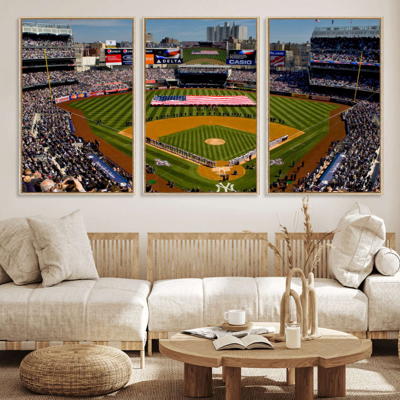 20879-MGV-FC-60X30-3P_Natural-Yankee Stadium New York Wall Art Print | 3-Panel Canvas Print of Yankees Baseball Stadium | Large