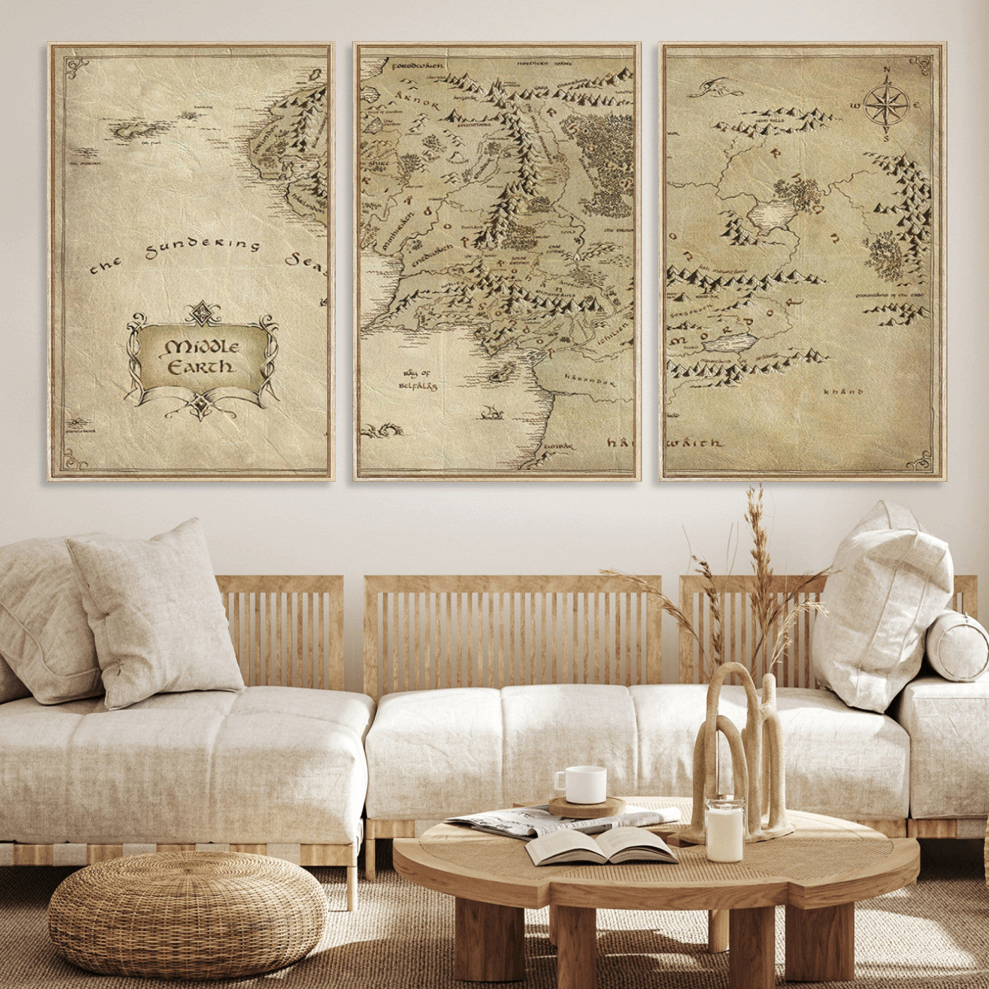 21784-MGV-FC-60X30-3P_Natural-Vintage Middle Earth Map Wall Art Canvas – Lord of the Rings Inspired Framed Map Print, Classic Fantasy Decor for Home, Office