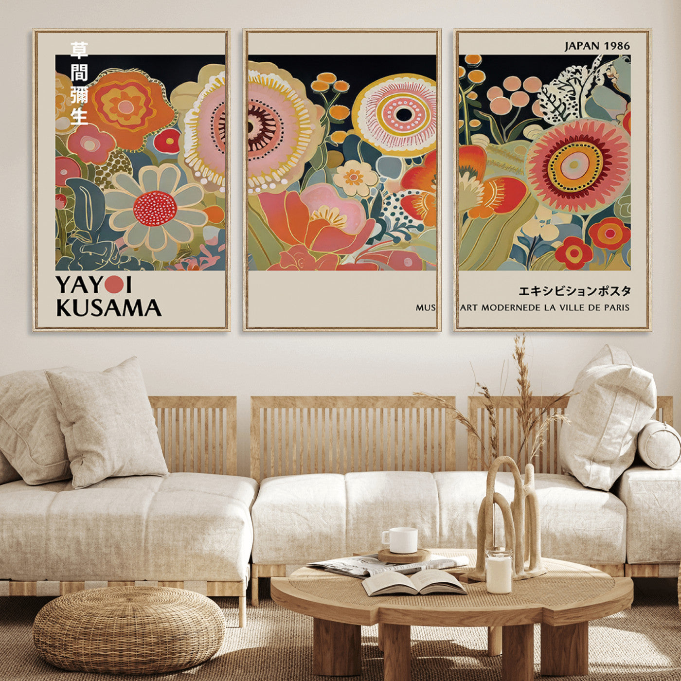 MGV-FC-60X30-3P - Yayoi Kusama Landscape Canvas Print, Vibrant Floral Mountain Art Print, Botanical Flower Nature Decor, Sunset Scenery Artwork, Ideal for Modern Home
