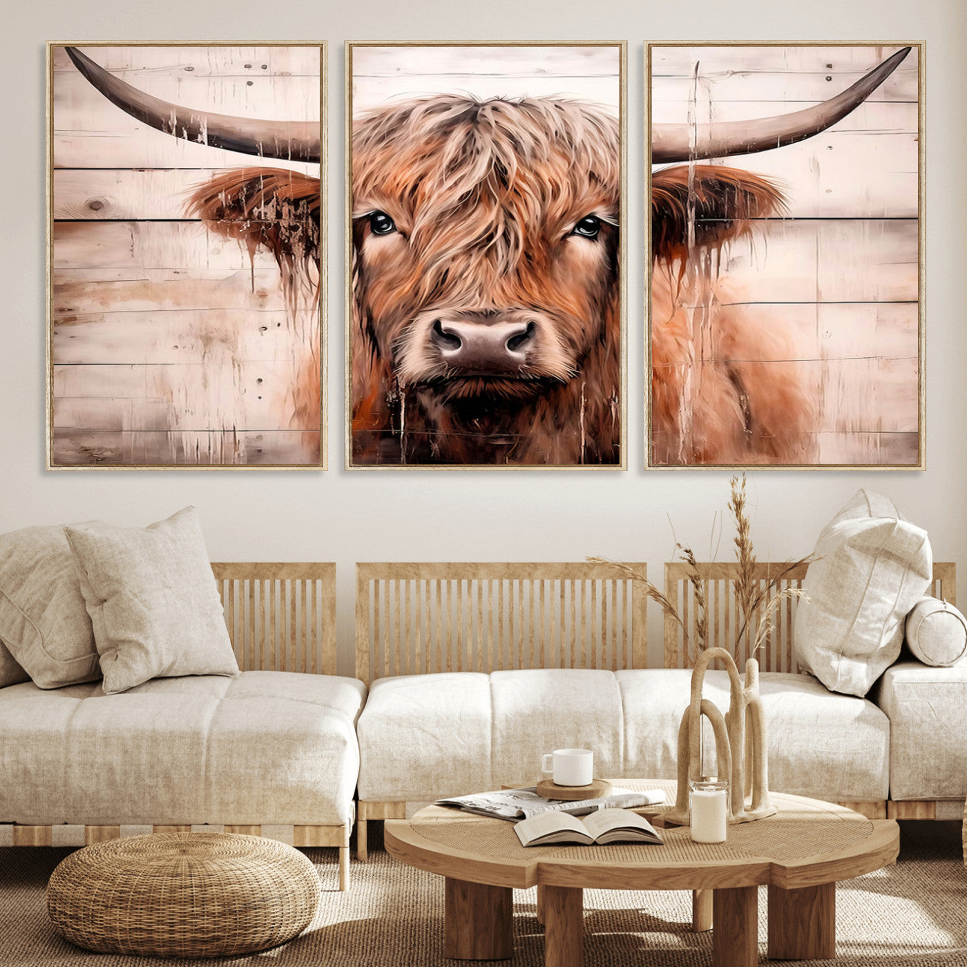 93730-MGV-FC-60X30-3P_Natural-Vintage Scottish Highland Cow Cattle Art Print Farmhouse Wall Art Canvas Print