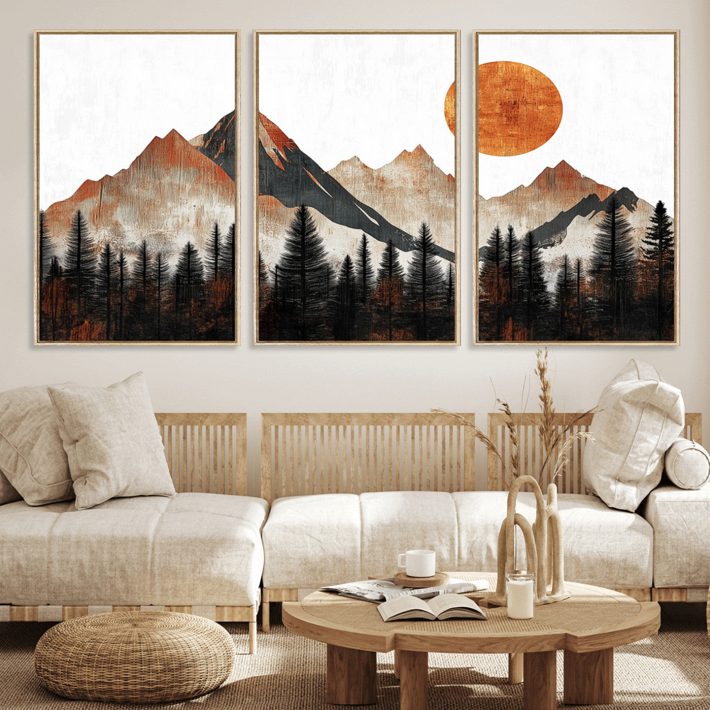 71366-MGV-FC-60X30-3P_Natural-Modern Abstract Mountain Canvas Wall Art Print, Abstract Landscape Print, Rustic Sun and Mountains