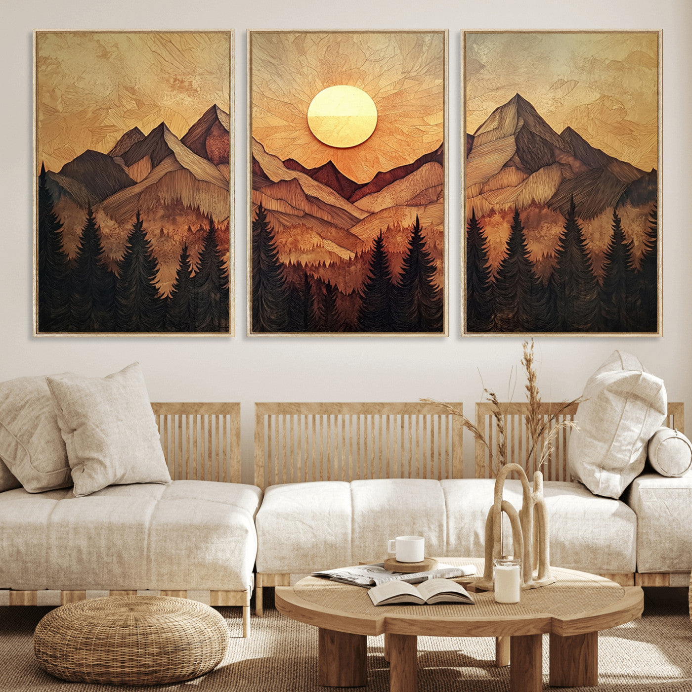 71340-MGV-FC-60X30-3P_Natural-Wood Style Abstract Mountain Sunset Canvas Wall Art Print - Warm Earth Nature-Inspired Decor for