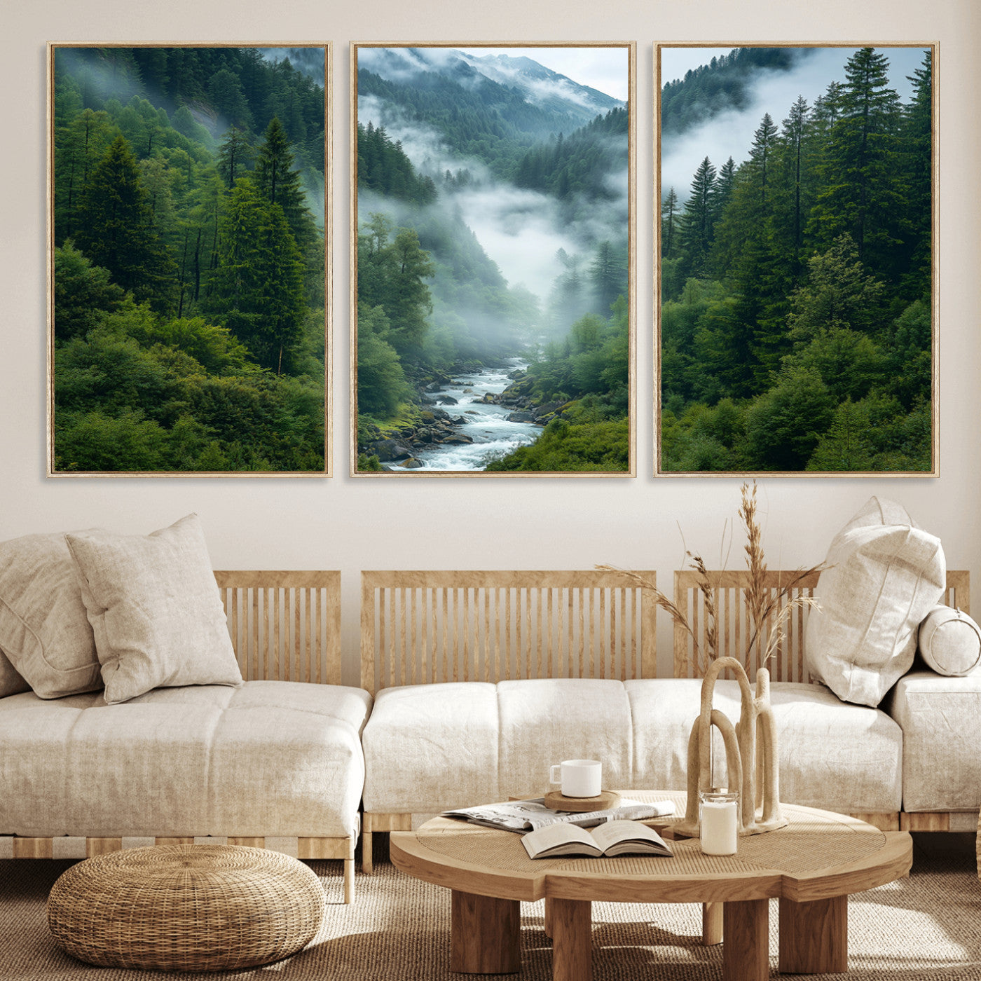 69453-MGV-FC-60X30-3P_Natural-Mountain Forest River Canvas Wall Art Print - Serene Nature Landscape for Living Room, Office, or