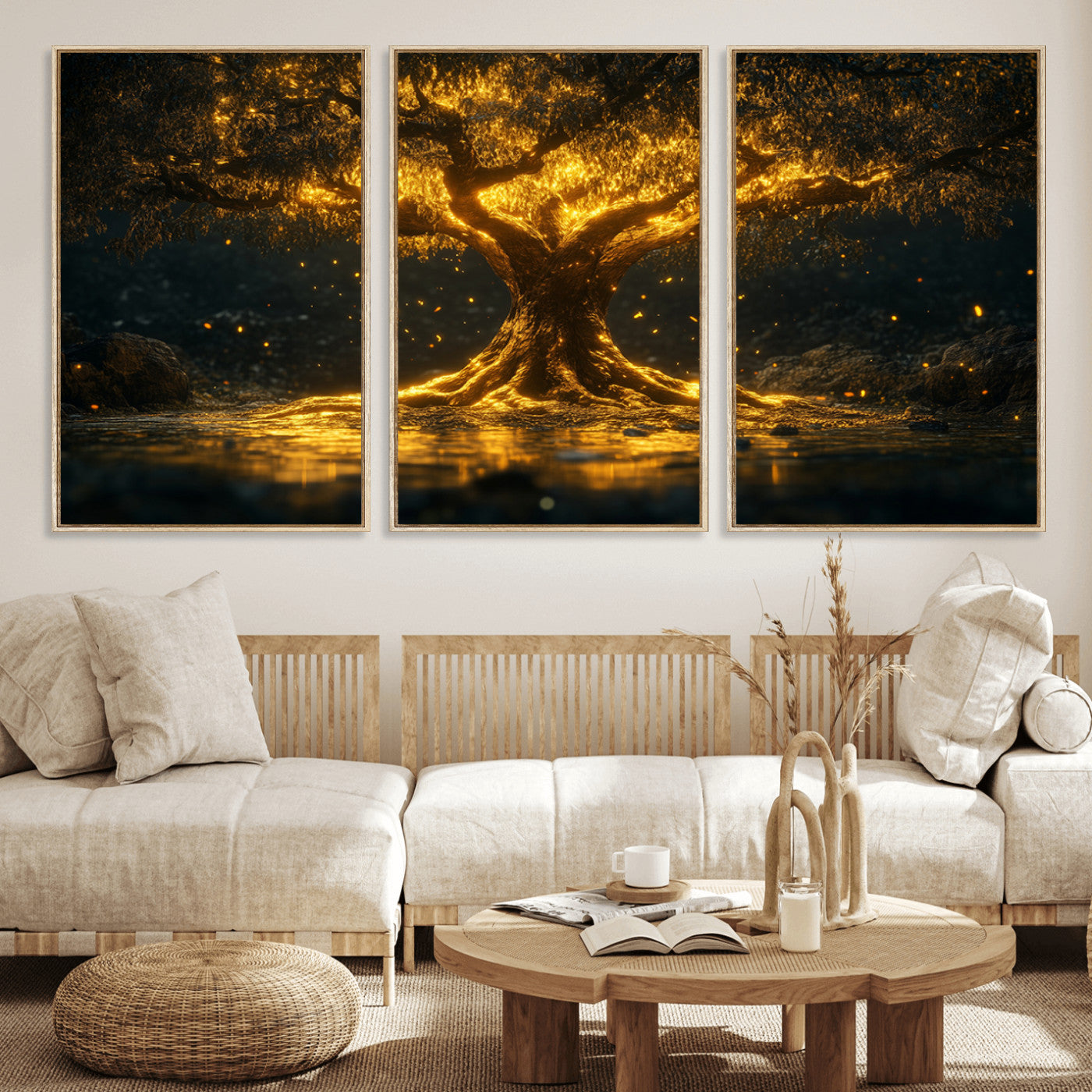 59580-MGV-FC-60X30-3P_Natural-Golden Tree of Life Canvas Wall Art Print - Majestic Glowing Tree Wall Art Print