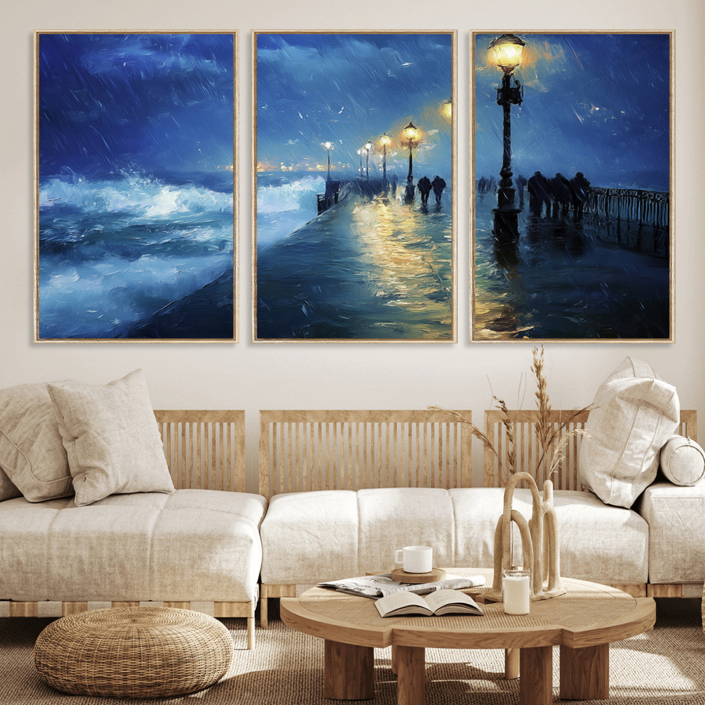 94571-MGV-FC-60X30-3P_Natural-Storm Ocean Pier Canvas Wall Art Print - Large Moody Night Scene Print, Seaside Wall Decor