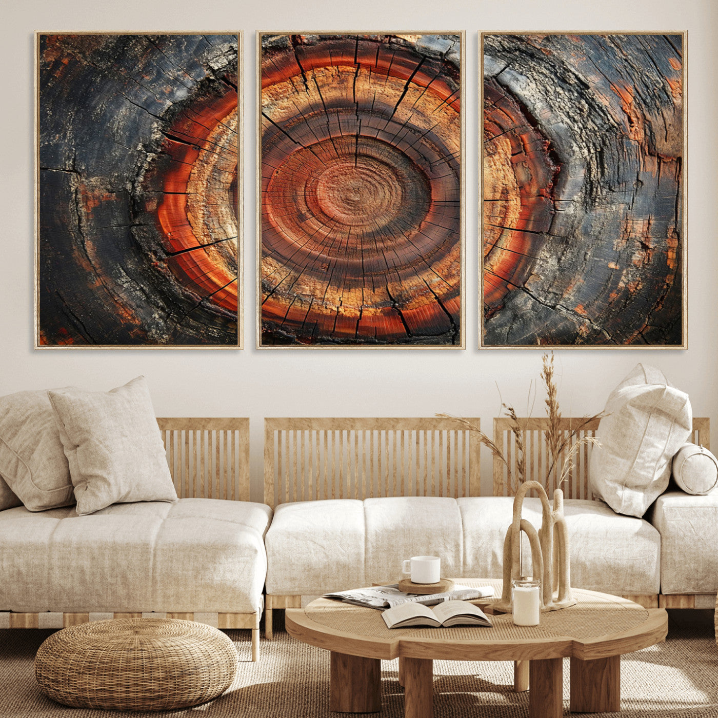 82212-MGV-FC-60X30-3P_Natural-Wood Grain Canvas Wall Art - Framed Abstract Tree Ring Framed Wall Art, Wood Grain Canvas Wall