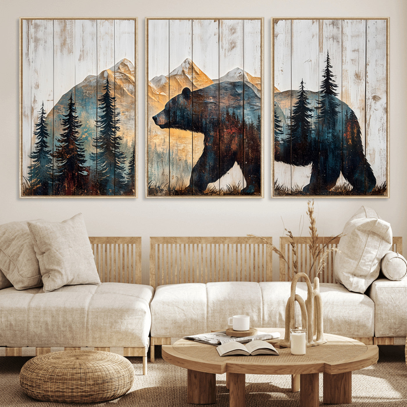 90077-MGV-FC-60X30-3P_Natural-Rustic Bear Wall Art - Grizzly 399 Bear Wall Art - Mountain Wood Canvas Wall Art - Nature Theme