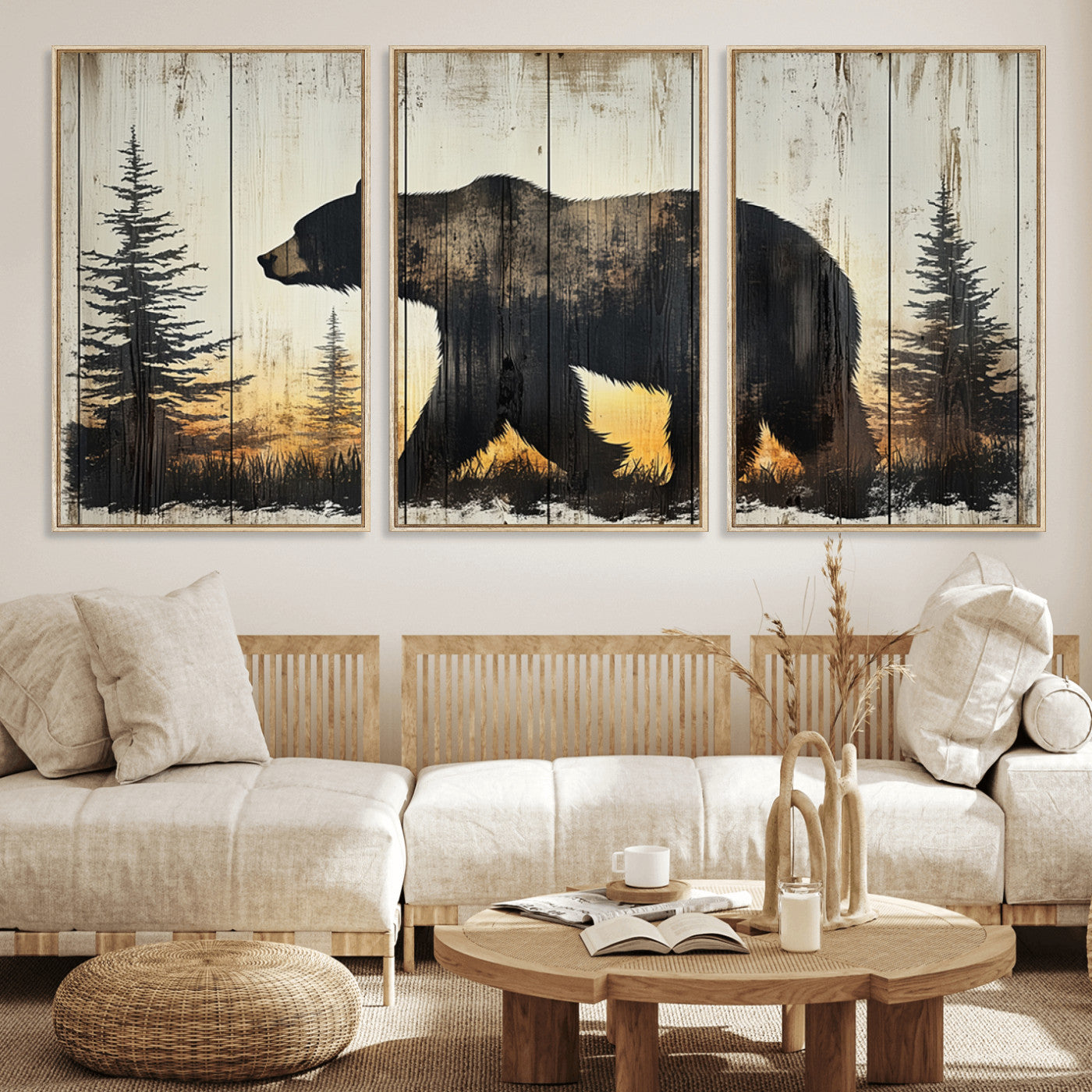 83875-MGV-FC-60X30-3P_Natural-Vintage Bear Wall Art Canvas Print for Farmhouse - Mountain Wood Canvas Wall Art - Forest Silhouette