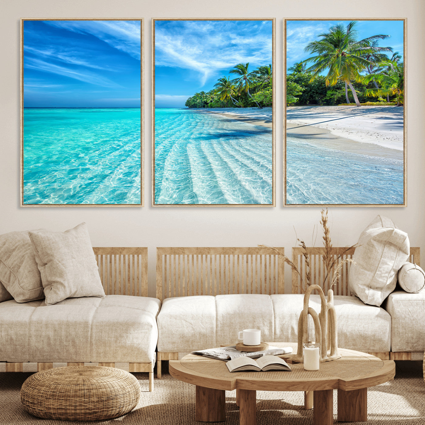 14788-MGV-FC-60X30-3P_Natural-Tropical Beach Wall Art Canvas Print - Serene Ocean Landscape with Crystal Clear Turquoise Water and