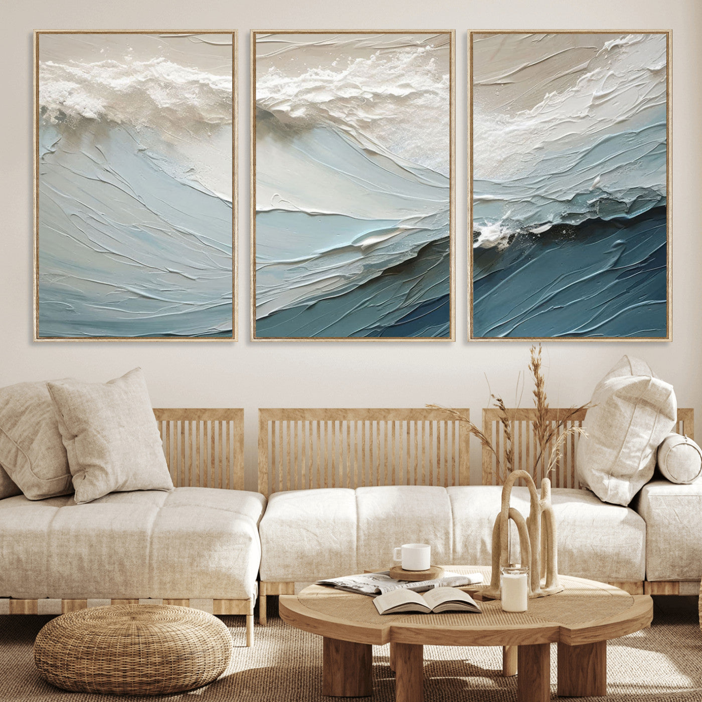 36946-MGV-FC-60X30-3P_Natural-Waves Abstract Wall Art Print, Modern Framed Abstract Canvas Print, Abstract Painting for Living