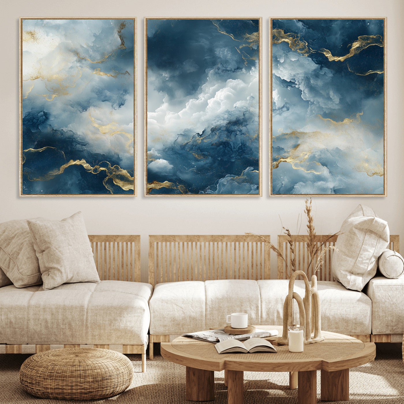 48298-MGV-FC-60X30-3P_Natural-Large Abstract Print - Luxe Blue and Gold Abstract Canvas Wall Art - Bold Cloudscape Canvas for