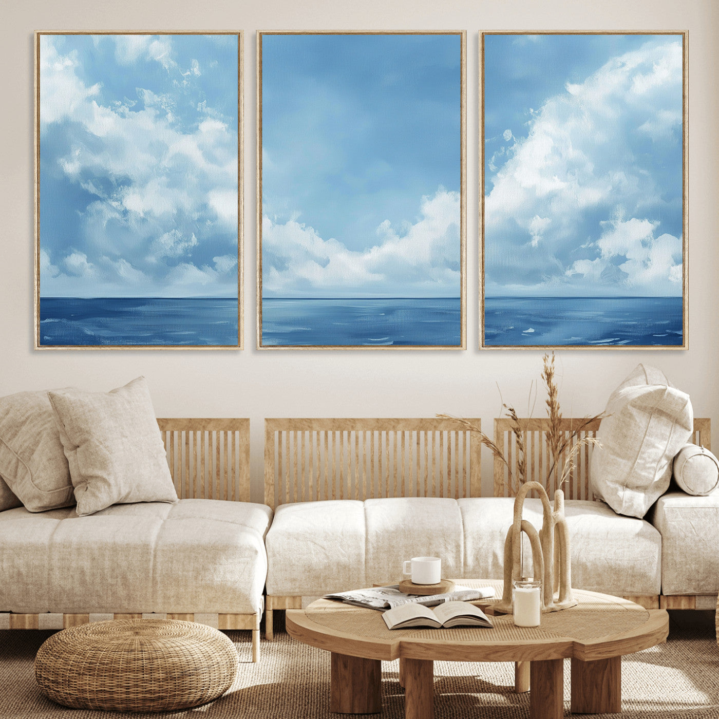 57554-MGV-FC-60X30-3P_Natural-Abstract Ocean Print Artwork- Serene Blue Ocean Canvas Wall Art - Minimalist Ocean and Sky Canvas