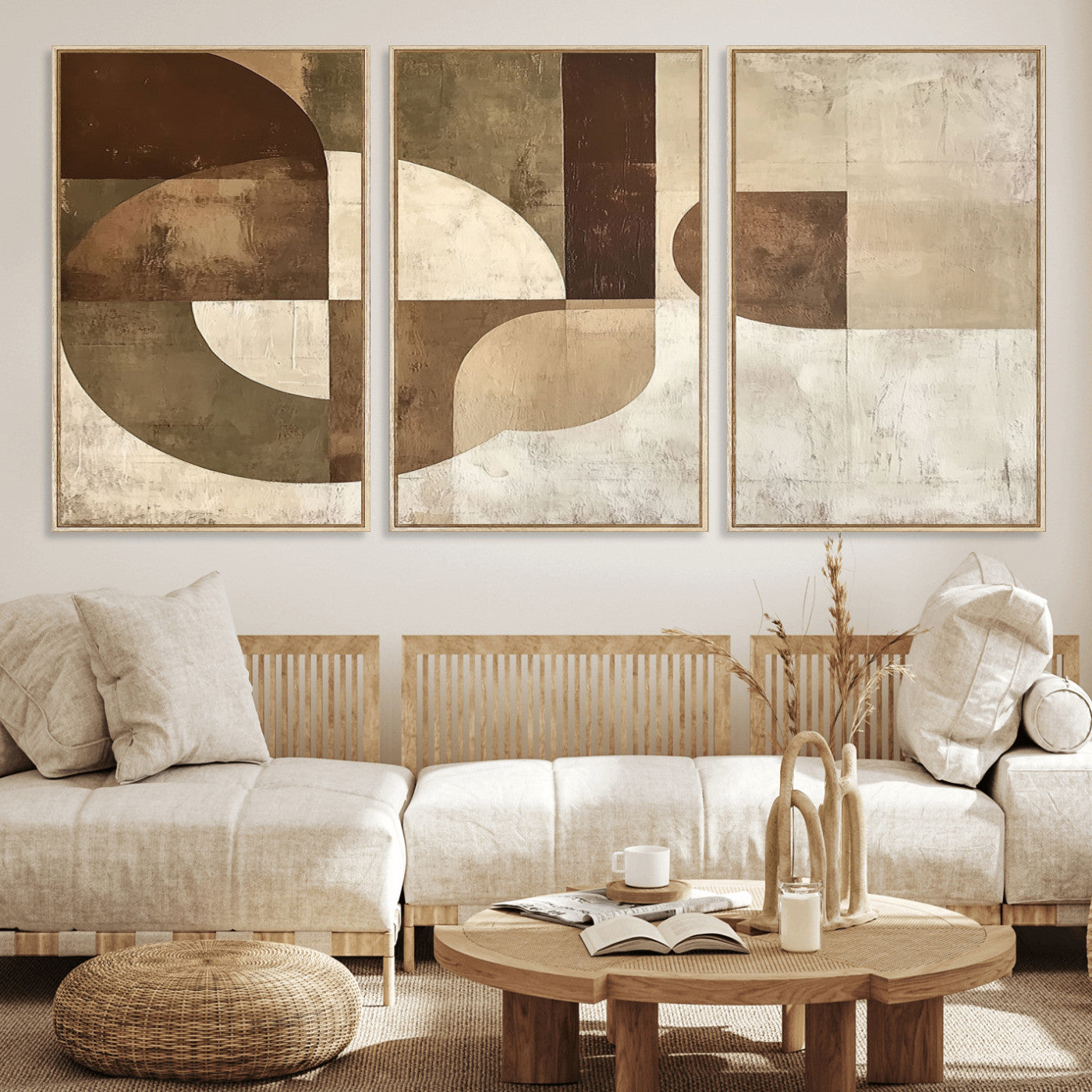 59767-MGV-FC-60X30-3P_Natural-Wabi Sabi Geometric Wall Art | Abstract Modern Minimalist Canvas Print with Neutral Mid Century Art