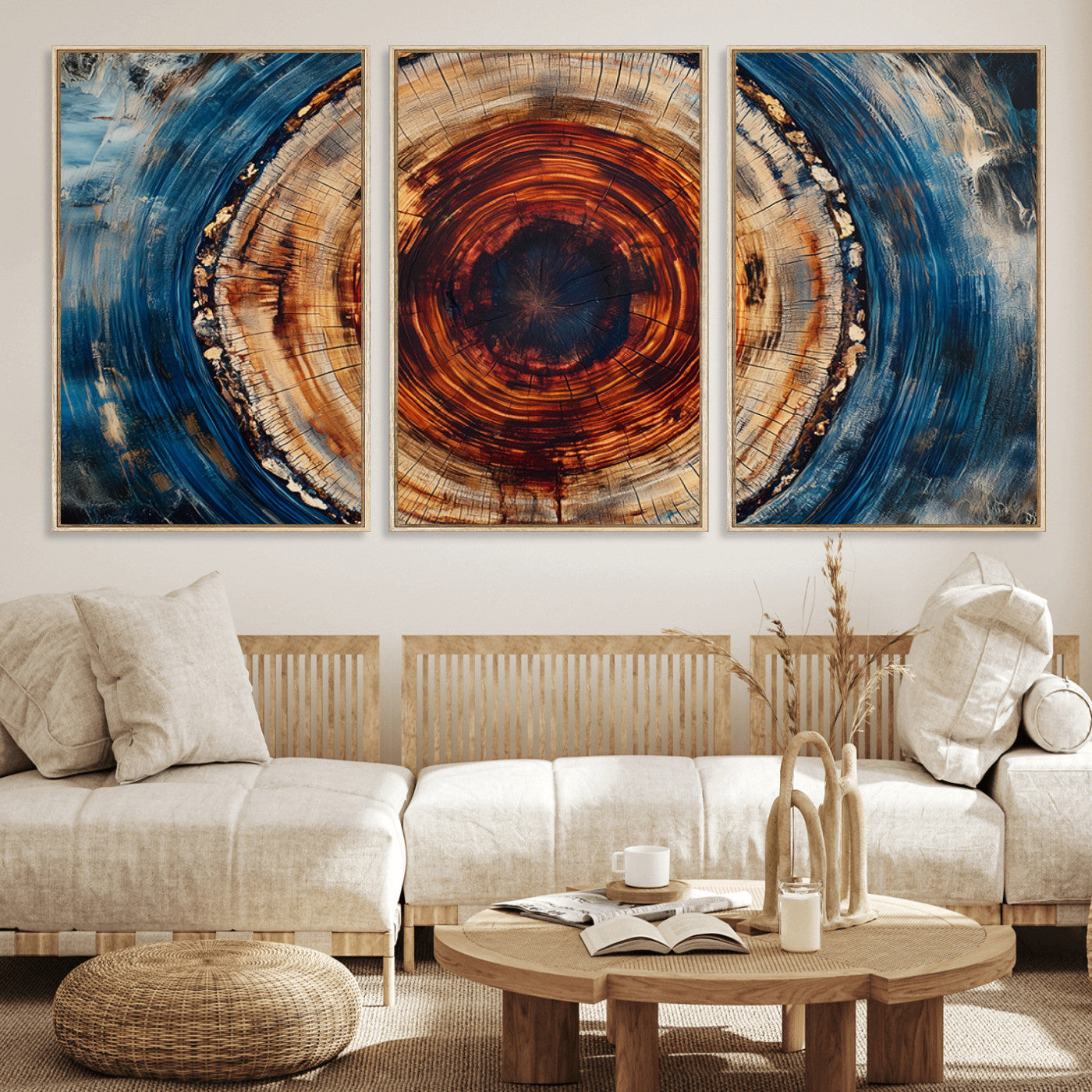 90395-MGV-FC-60X30-3P_Natural-Abstract Framed Tree Rings Wall Decor, Wood Grain Rings Artwork Print, Nature Woodland Modern Wall