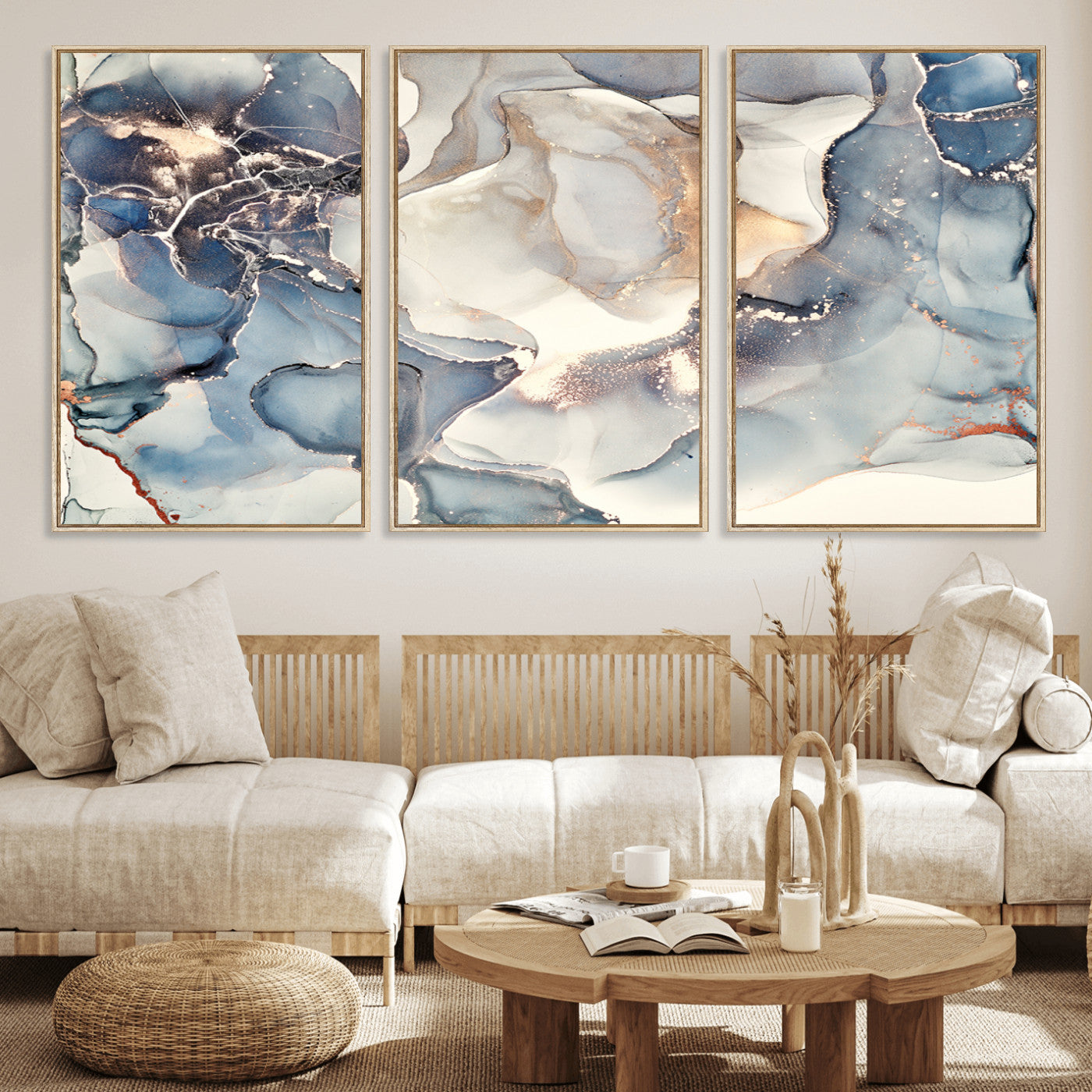 51497-MGV-FC-60X30-3P_Natural-Abstract Blue and Gold Canvas Wall Art - Fluid Modern Ink Artwork - Modern Luxury Wall Decor for