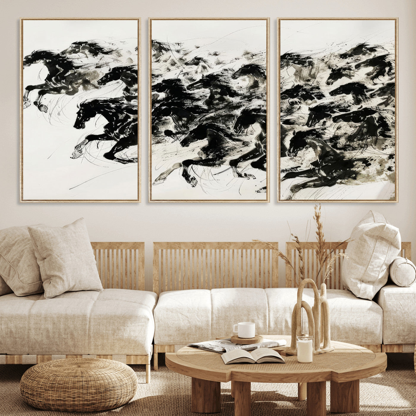 MGV-FC-60X30-3P - Abstract Horse Wall Art Canvas Print - Dynamic Black Ink Horse Print - Modern Equine Wall Decor for