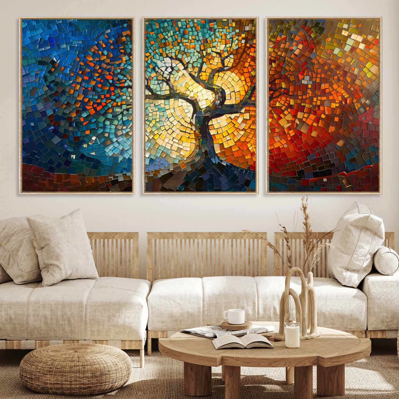 66056-MGV-FC-60X30-3P_Natural-Yggdrasil Tree of Life Mosaic Stained Glass Wall Art Canvas, Yggdrasil Tree of Life Mosaic Canvas
