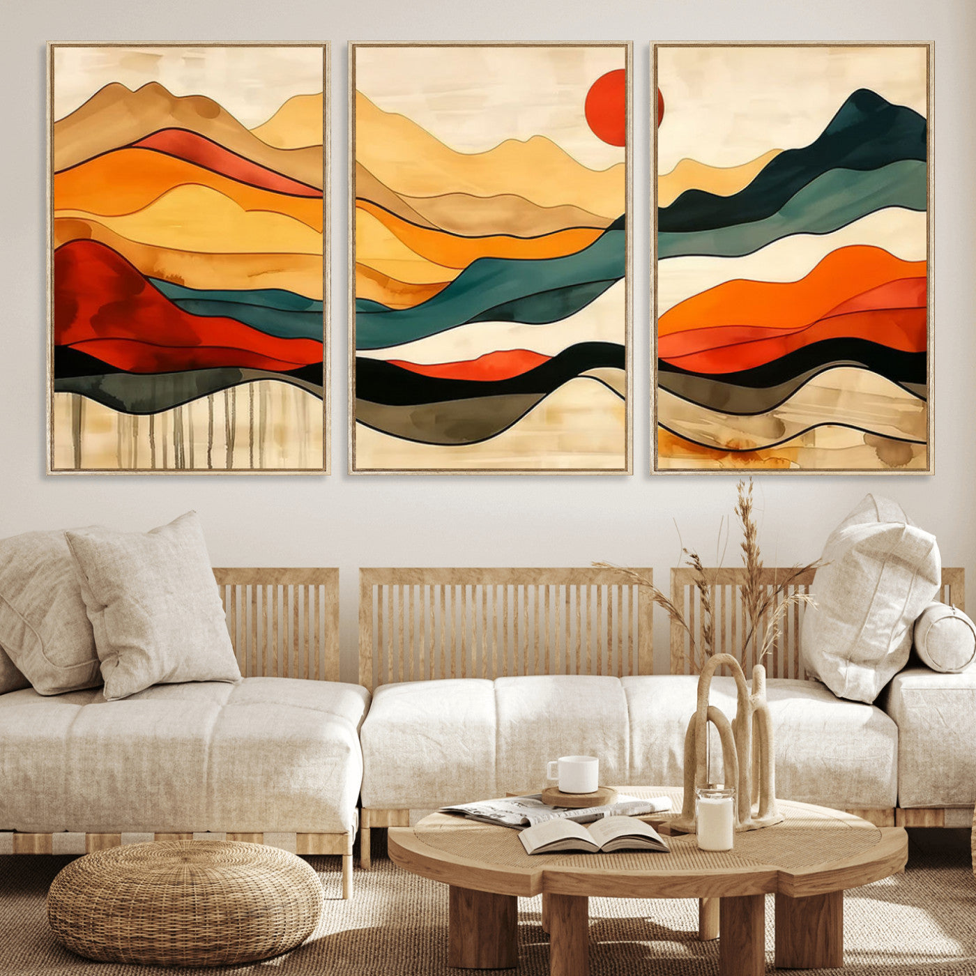 23241-MGV-FC-60X30-3P_Natural-Mid Century Wall Art Print - Abstract Woodland Print - Modern Art Panoramic Mountain Wall Art