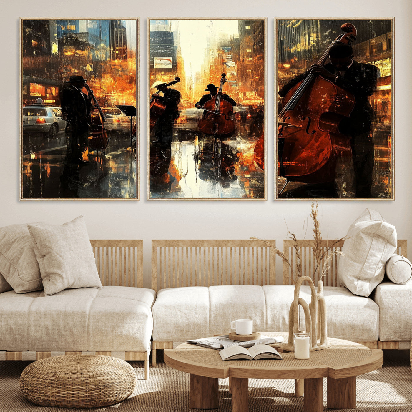 22398-MGV-FC-60X30-3P_Natural-African American Abstract Jazz Wall Art - Framed Abstract Music Canvas - Colorful Instrument Canvsa