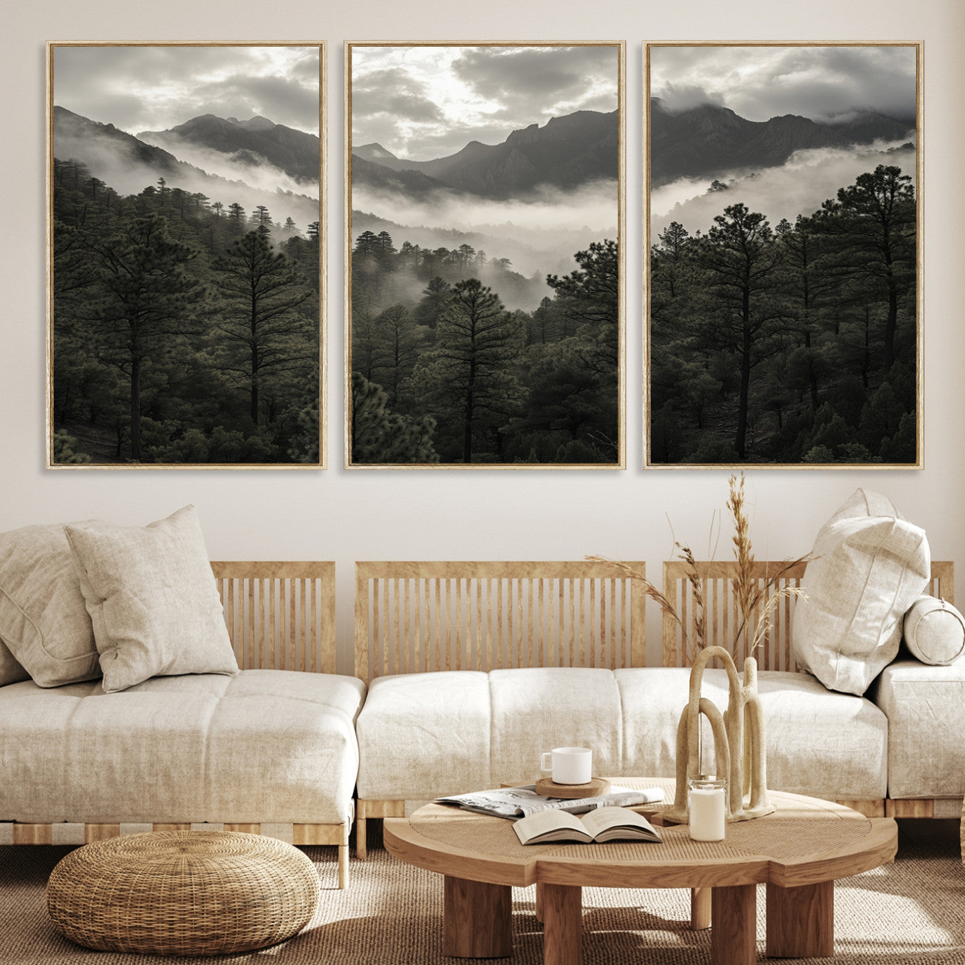 Canvas of moody pine forest and foggy mountain peaks under overcast skies, ideal for calm and rustic woodland-themed home decor.