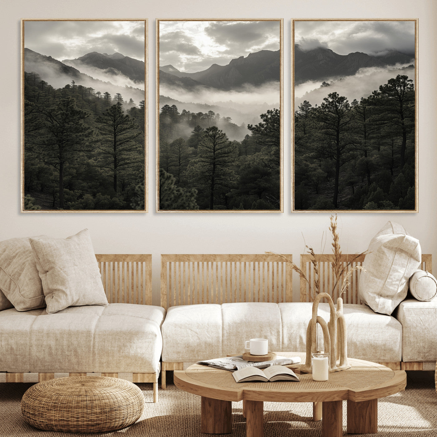 MGV-FC-60X30-3P - Misty Mountain Forest Wall Art – Canvas Print of Cloudy Peaks, Tranquil Pines, Enchanted Landscape, Majestic Nature Decor for Home or Office