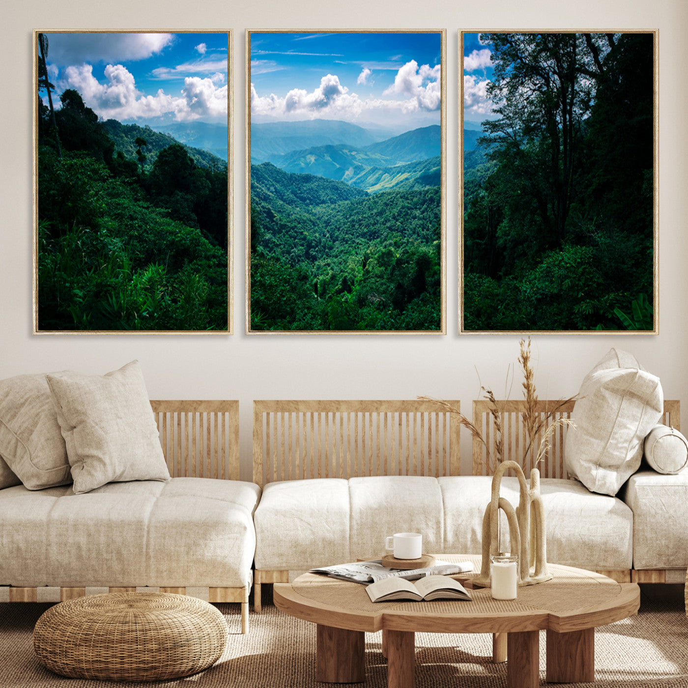 Canvas of a misty tropical jungle with vibrant greenery and layered blue mountains, ideal for exotic nature-themed wall décor.