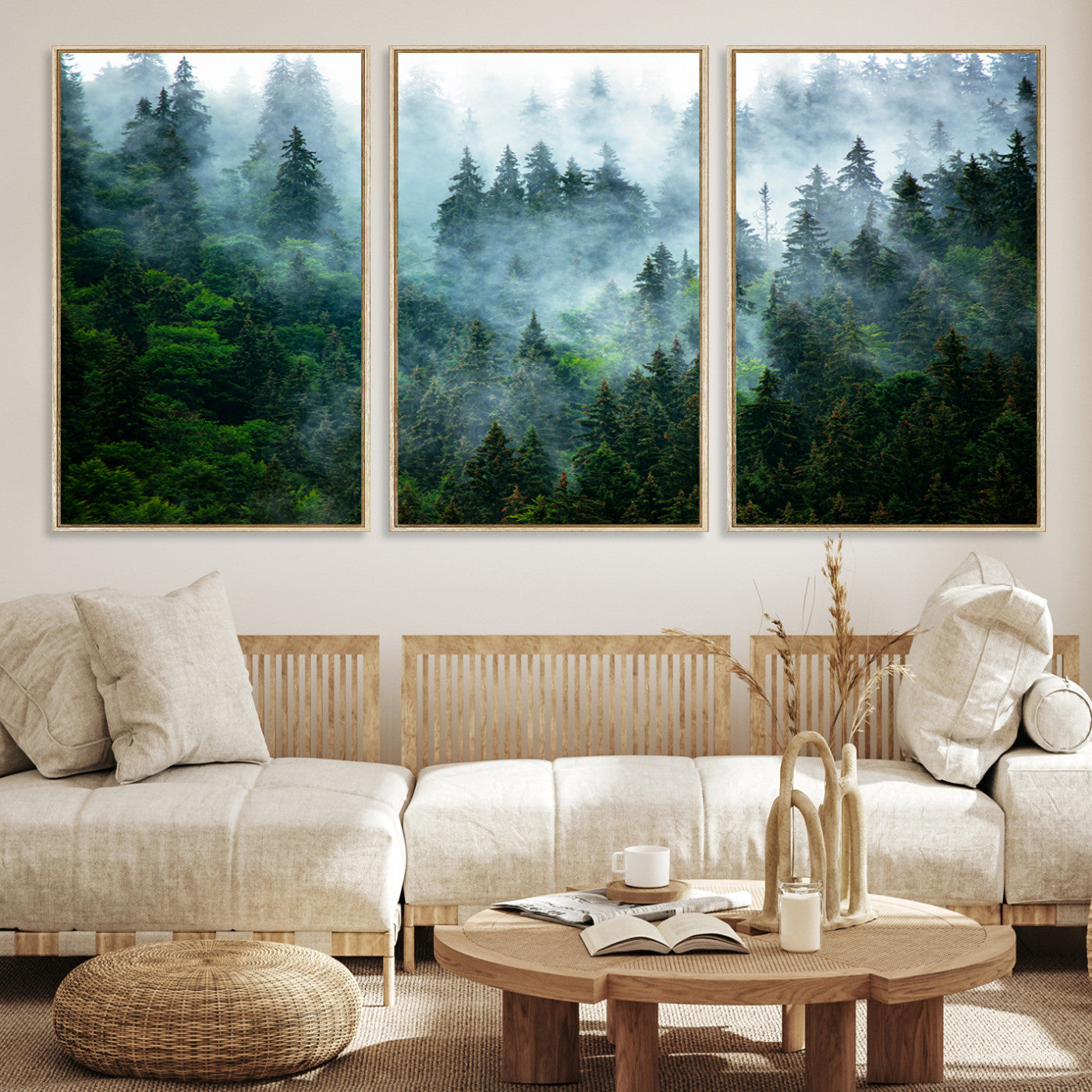 17393683-MGV-CV-48X32-3P-Misty Forest Wall Art Canvas Print – Framed Foggy Mountain Landscape Artwork, Serene Scenic Decor for Home, Office