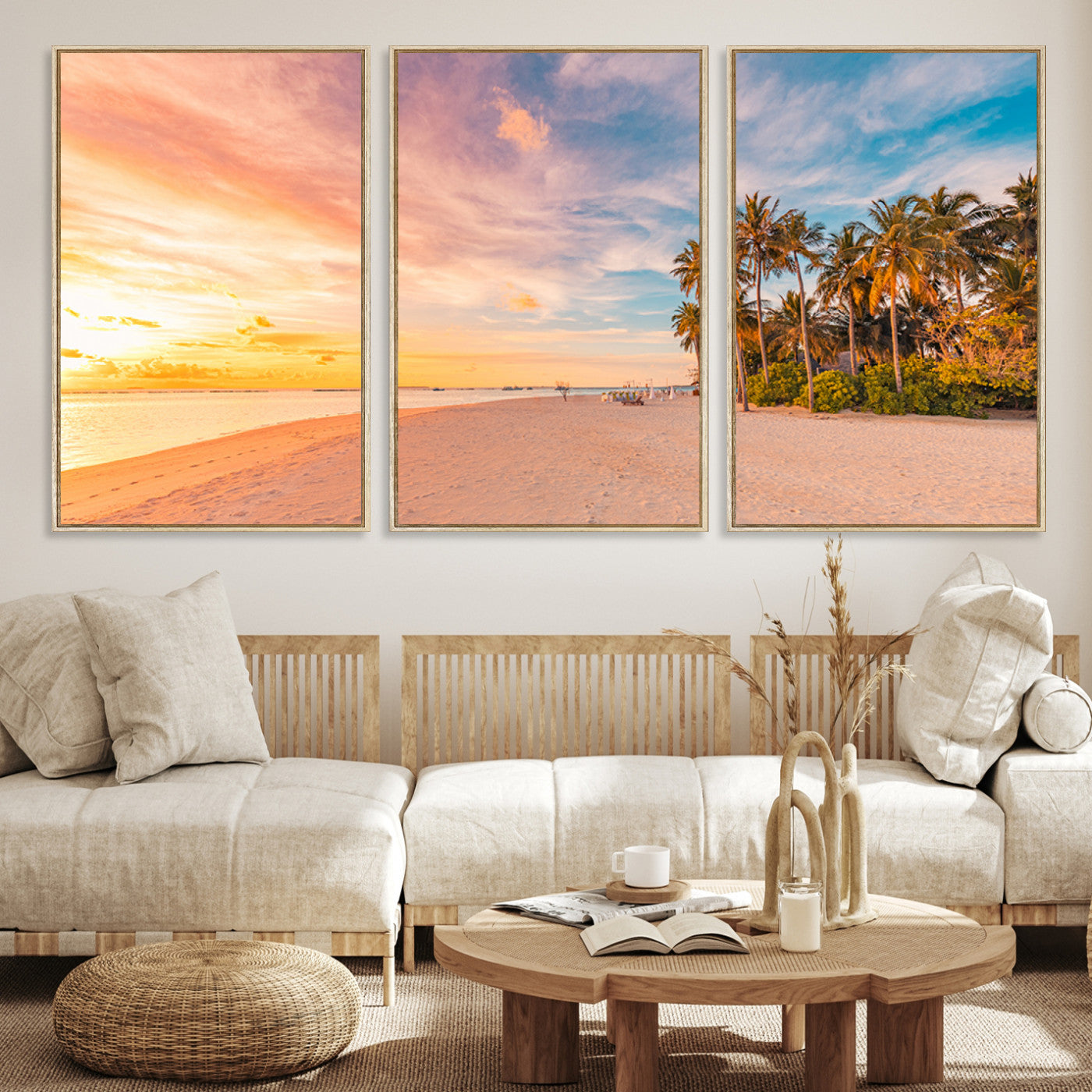 Tropical beach canvas with palm trees and soft sunset tones, ideal for coastal or beach-style home décor in warm pastel hues.