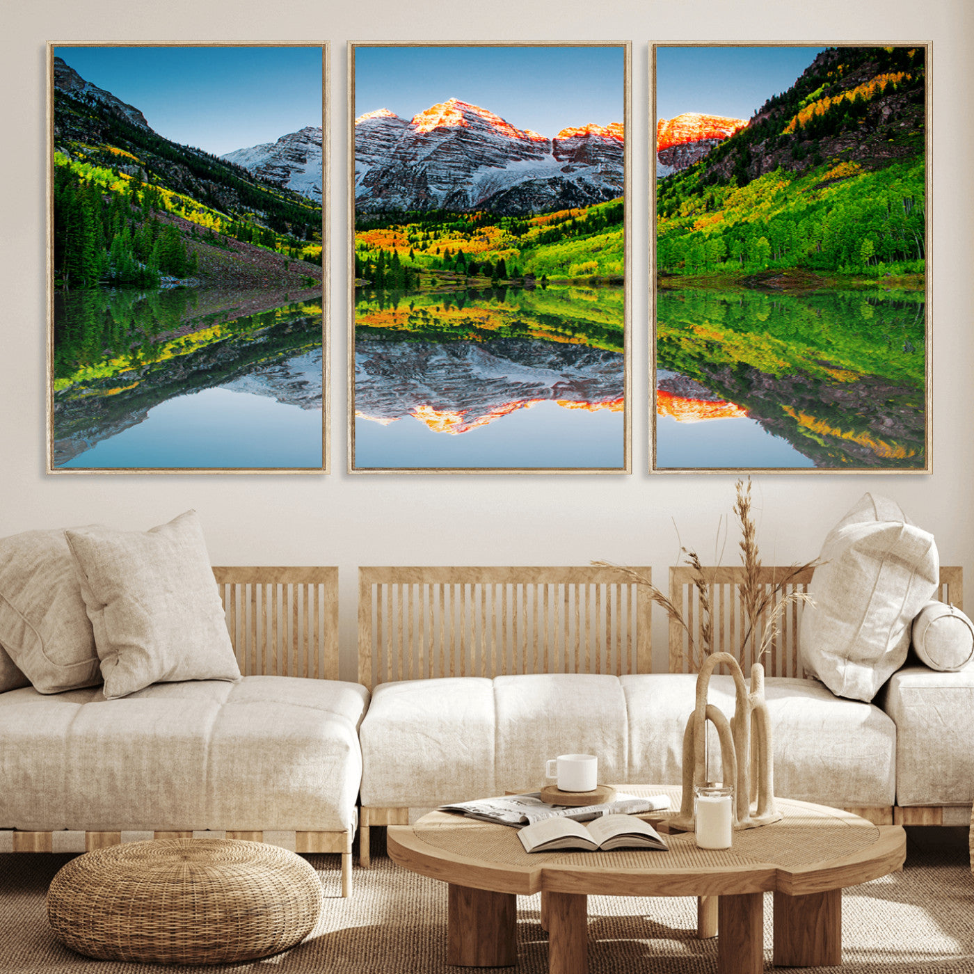 17996974-MGV-FC-60X30-3P_Natural-Sunrise Maroon Bells Lake Wall Art Canvas Print – Framed Elk Mountains Landscape Artwork for Home, Office