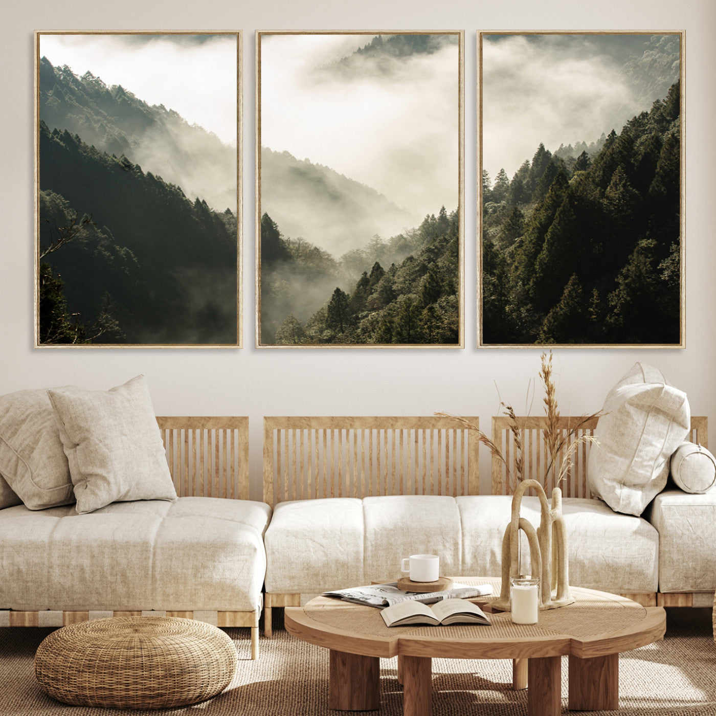 Canvas showing a misty pine forest valley with layered green hills and soft fog, perfect for moody or nature-themed decor styles.