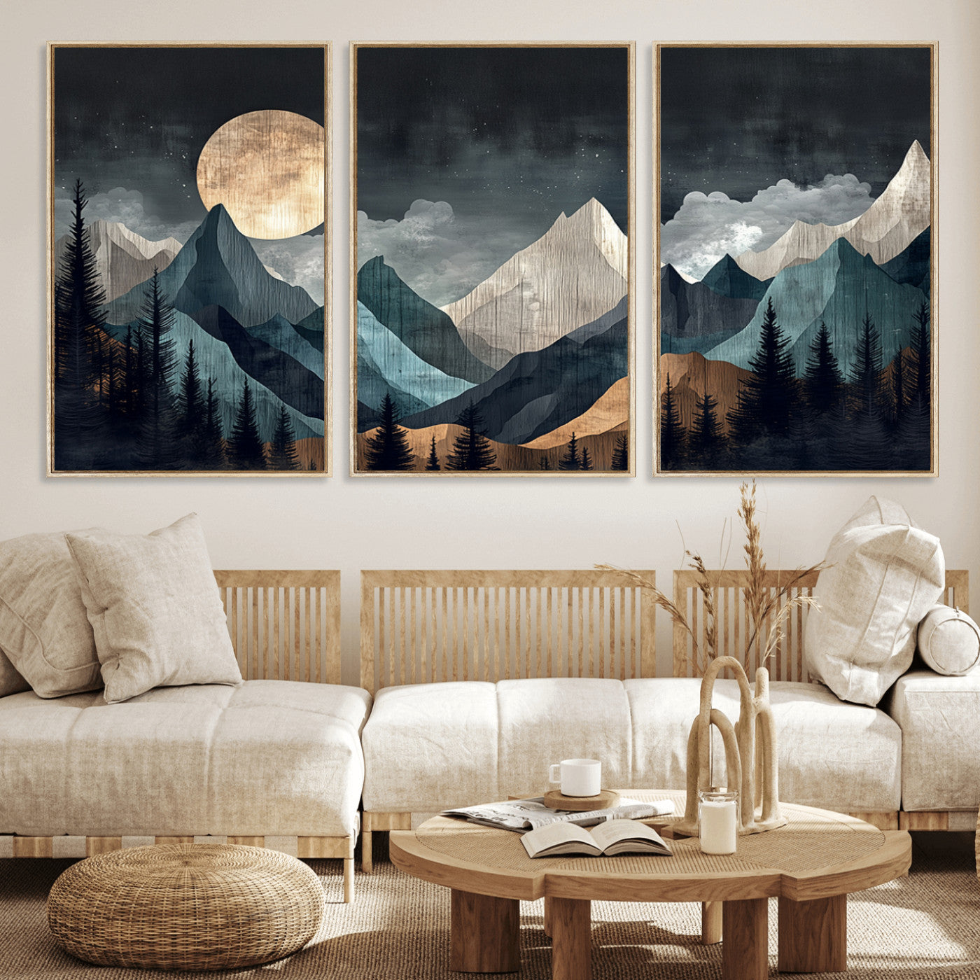 11060882-MGV-FC-60X30-3P_Natural-Moonlit Mountain Wall Art Canvas Print – Silhouetted Pines Layered Peaks Tranquil Sky Mist Silver Light Nature Artwork for Home
