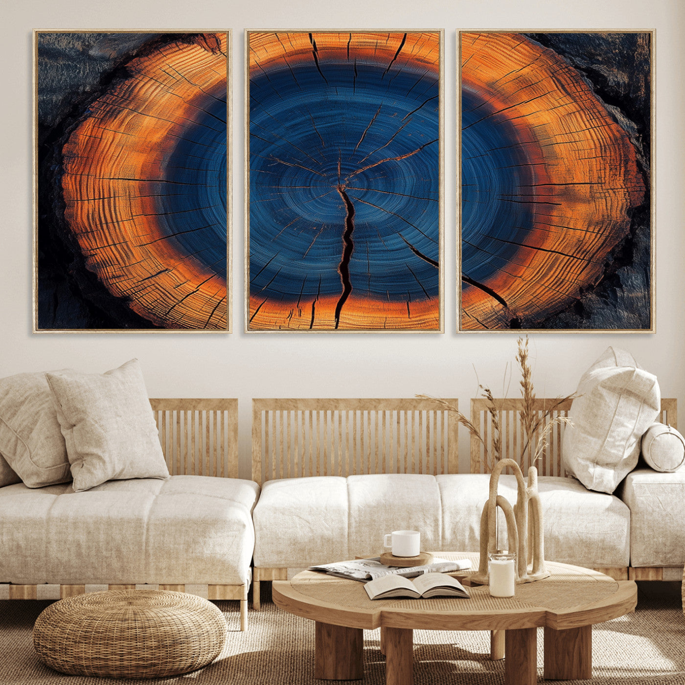 MGV-FC-60X30-3P - Abstract Tree Ring Wall Art Print, Natural Rustic Wood Texture Canvas Print, Framed Tree Ring Printing, Wood Tree Stump Artwork Canvas Print