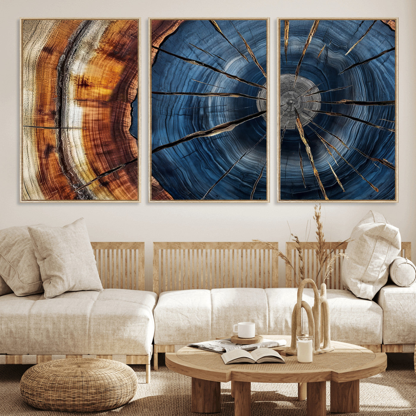 45268471-MGV-FC-60X30-3P_Natural-Framed Abstract Tree Ring Wall Art Print Natural Rustic Wood Texture Canvas Print Wood Tree Stump Decor Home, Office