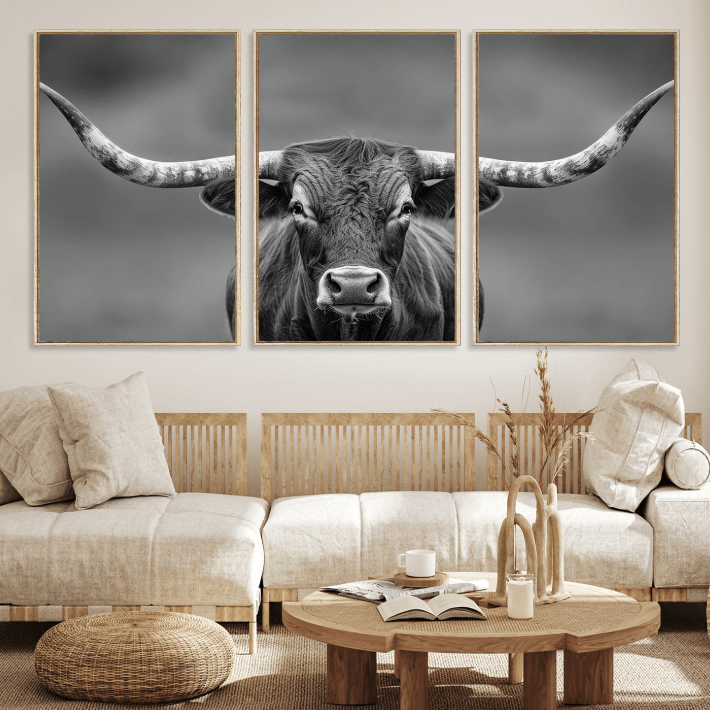 81228550-MGV-CV-36X24-Texas Longhorn Wall Art Canvas Print – Framed Western Bull Ranch Photography Rustic Country Farm Decor Artwork for home, office