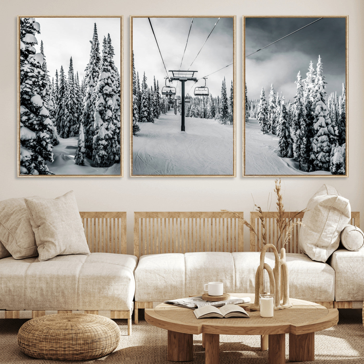 31156828-MGV-FC-60X30-3P_Natural-Snowy Pines Wall Art Canvas Print – Framed Ski Lift Winter Forest Snowy Landscape Moody Lodge Artwork for Home, Office