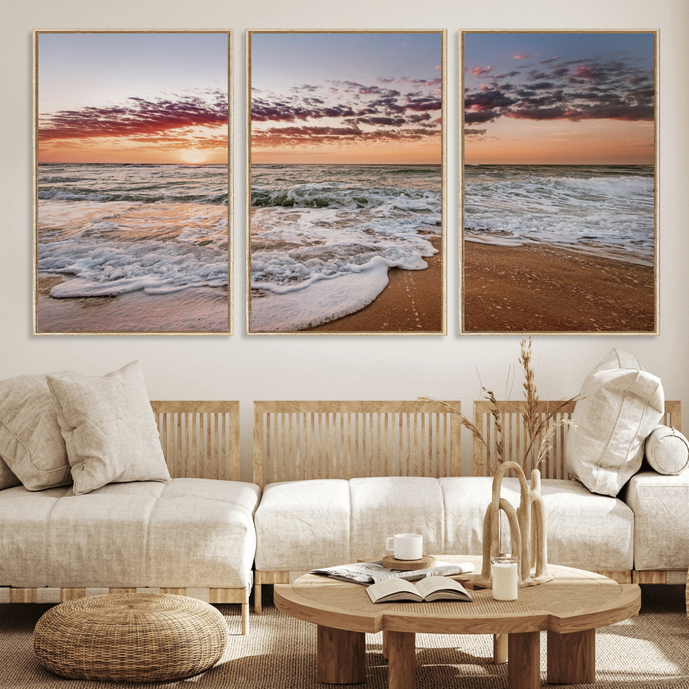 39846389-MGV-FC-60X30-3P_Natural-Ocean Sunset Wall Art Canvas Print – Framed Sandy Shore Gentle Waves Coastal Landscape Minimalist Artwork for Home, Office